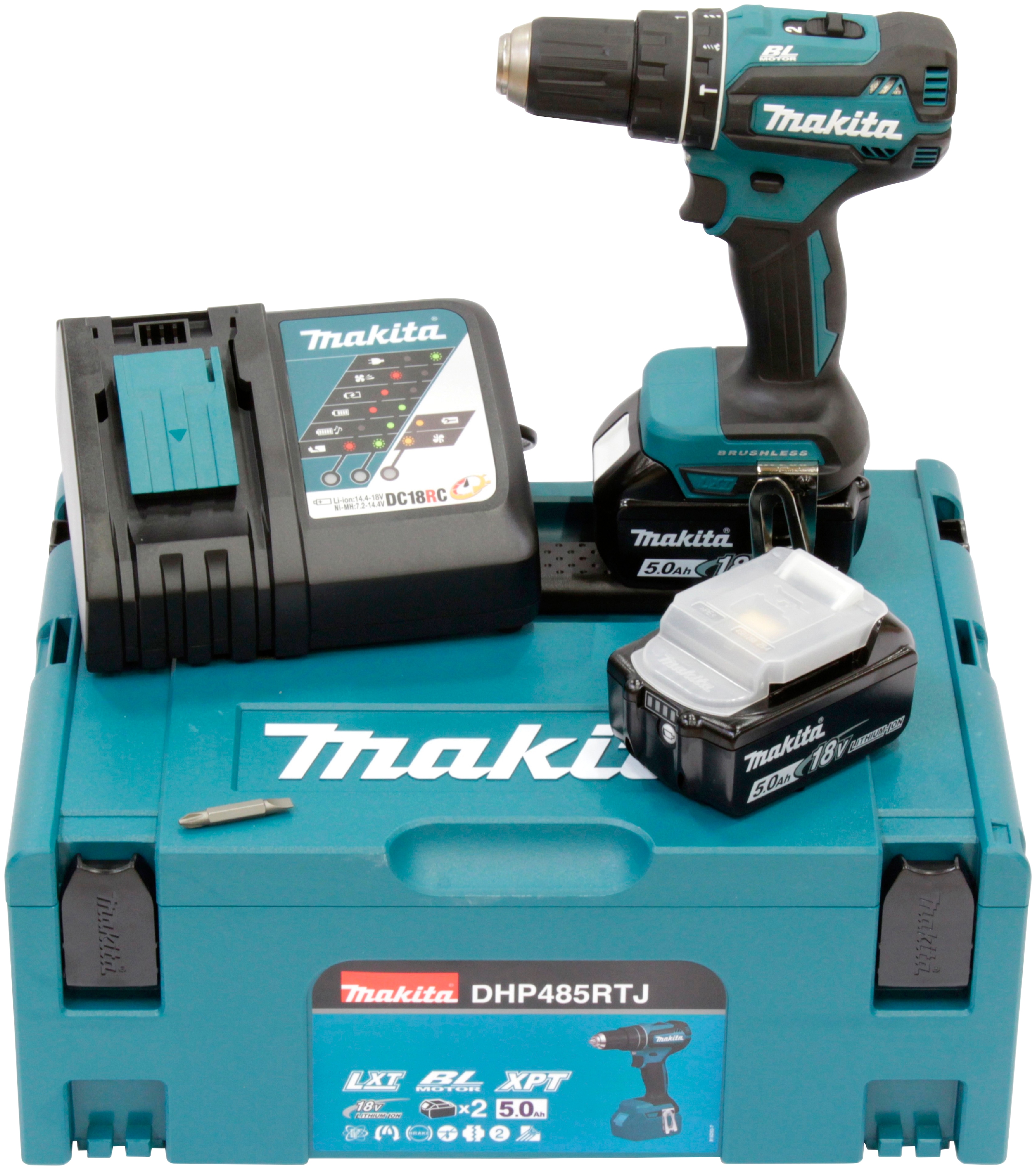 Makita 1100000002199 "DHP485RTJ" mit 2 Akkus 18 V/5 Ah und Ladegerät, inkl. Aufbewahrungskoffer