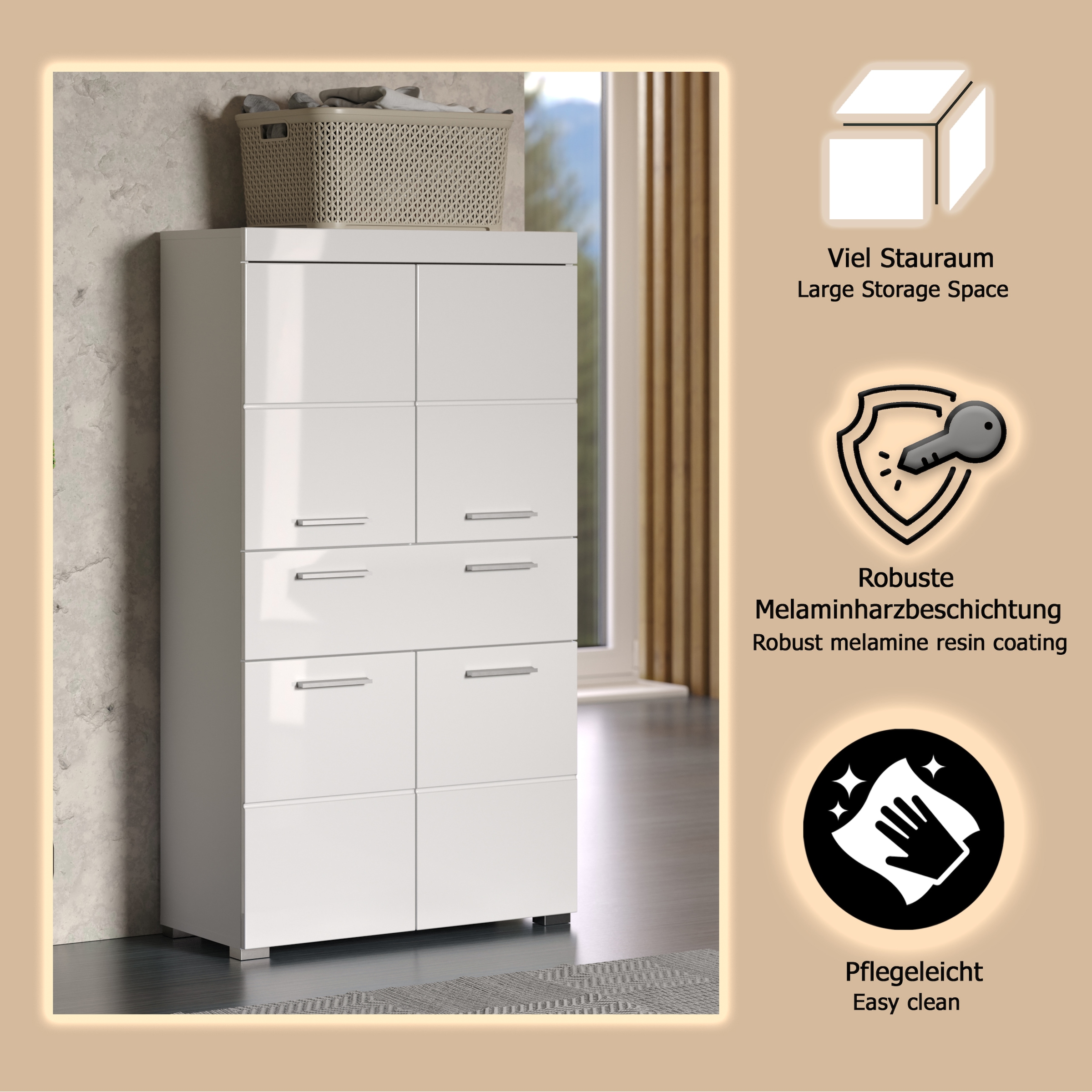 welltime Midischrank »Avena«, Standschrank mit 4 Türen, 1 Schublade - (B/T/H) 73/31/130 cm