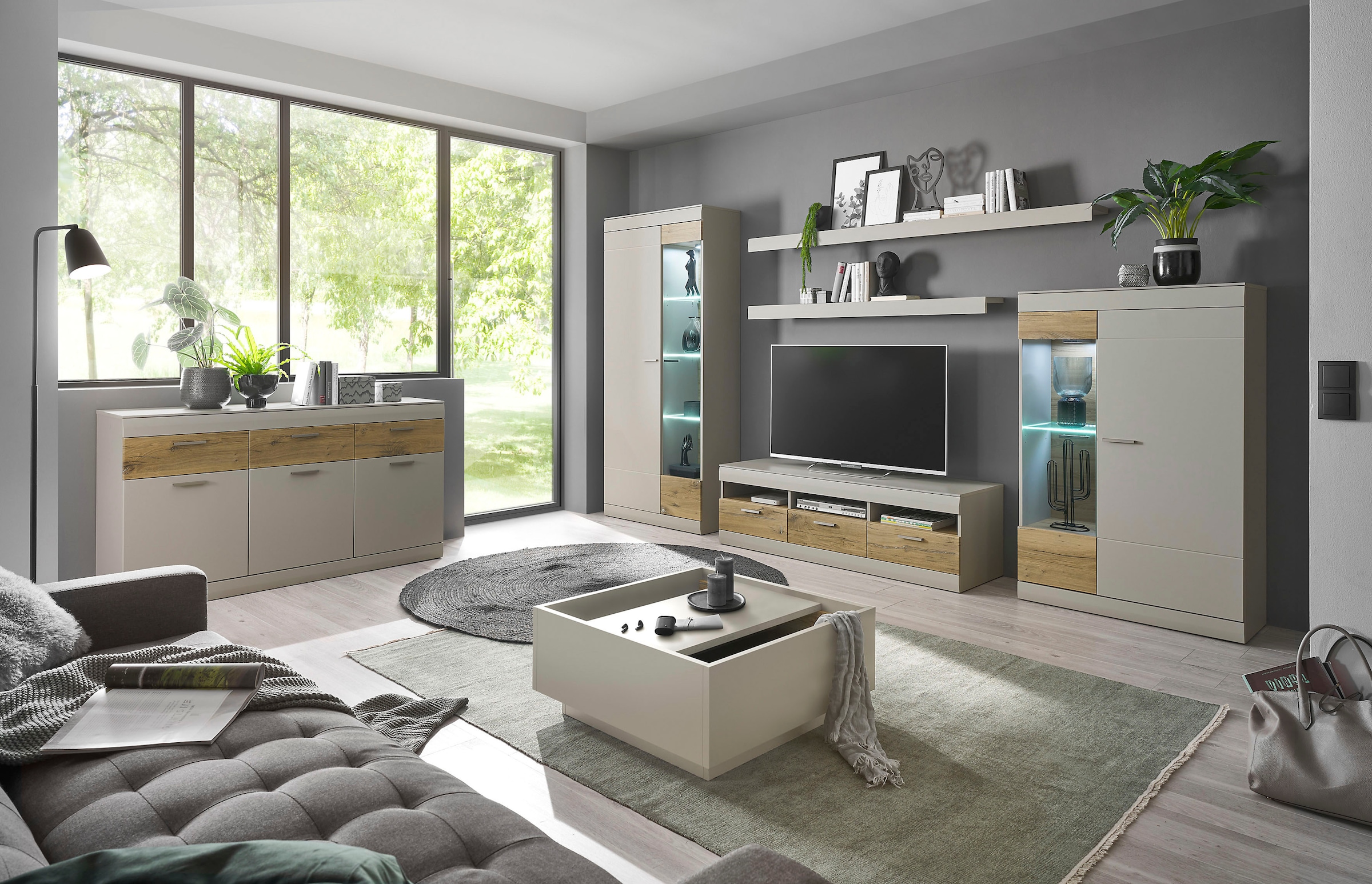 INOSIGN Wohnwand »SCARA«, (5 St.), trendige Farbe mit Applikation Zinneiche Dekor, mit Softclose-Funktion