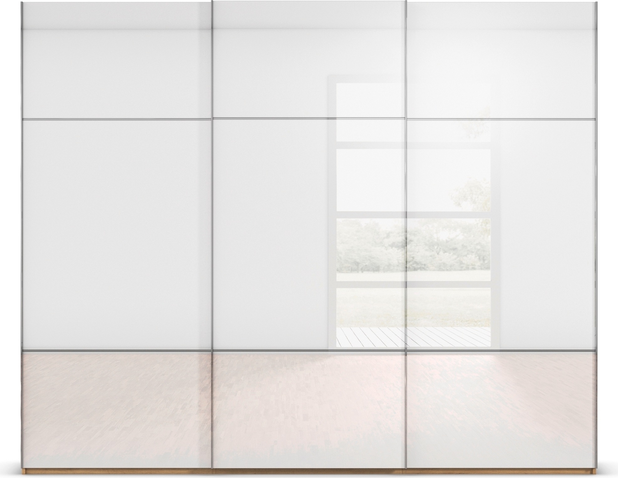 rauch Schwebetürenschrank »Kleiderschrank Schrank Garderobe Schlafzimmerschrank SCALE-TRIO«, edle dreigeteilte Front mit 2 Zierleisten Glasfront MADE IN GERMANY