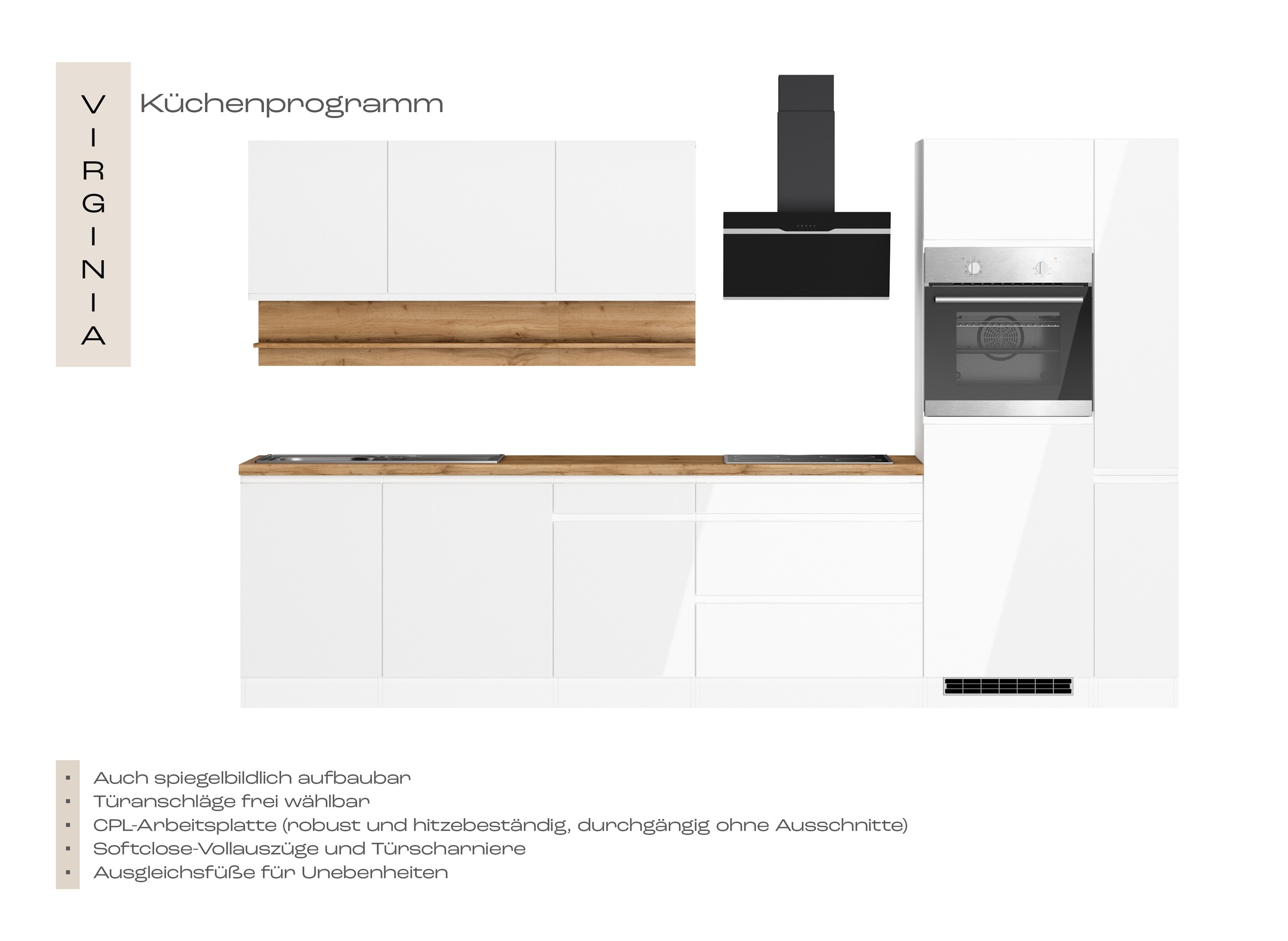 KOCHSTATION Küchenzeile »KS-Virginia,neu in verbesserter Ausführung« Arbeitsplatte 38 mm stark, Stauraum, Softclose,  Breite 330 cm, Soft-Close, ohne E-Geräte