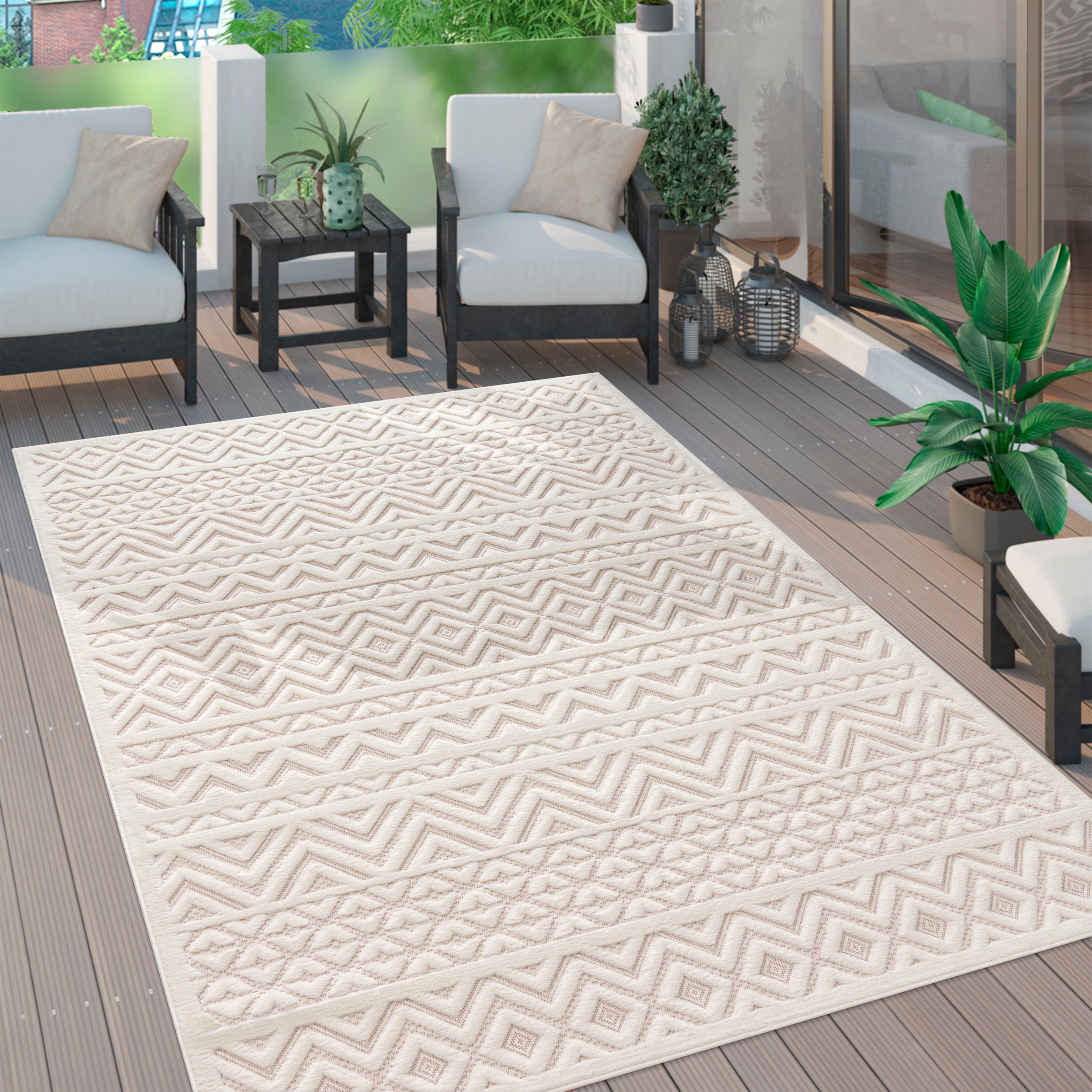 Paco Home Teppich »Livorno 673«, rechteckig, 14 mm Höhe, Uni-Farben, Scandi, Rauten Muster, Hoch-Tief Effekt, Outdoor geeignet