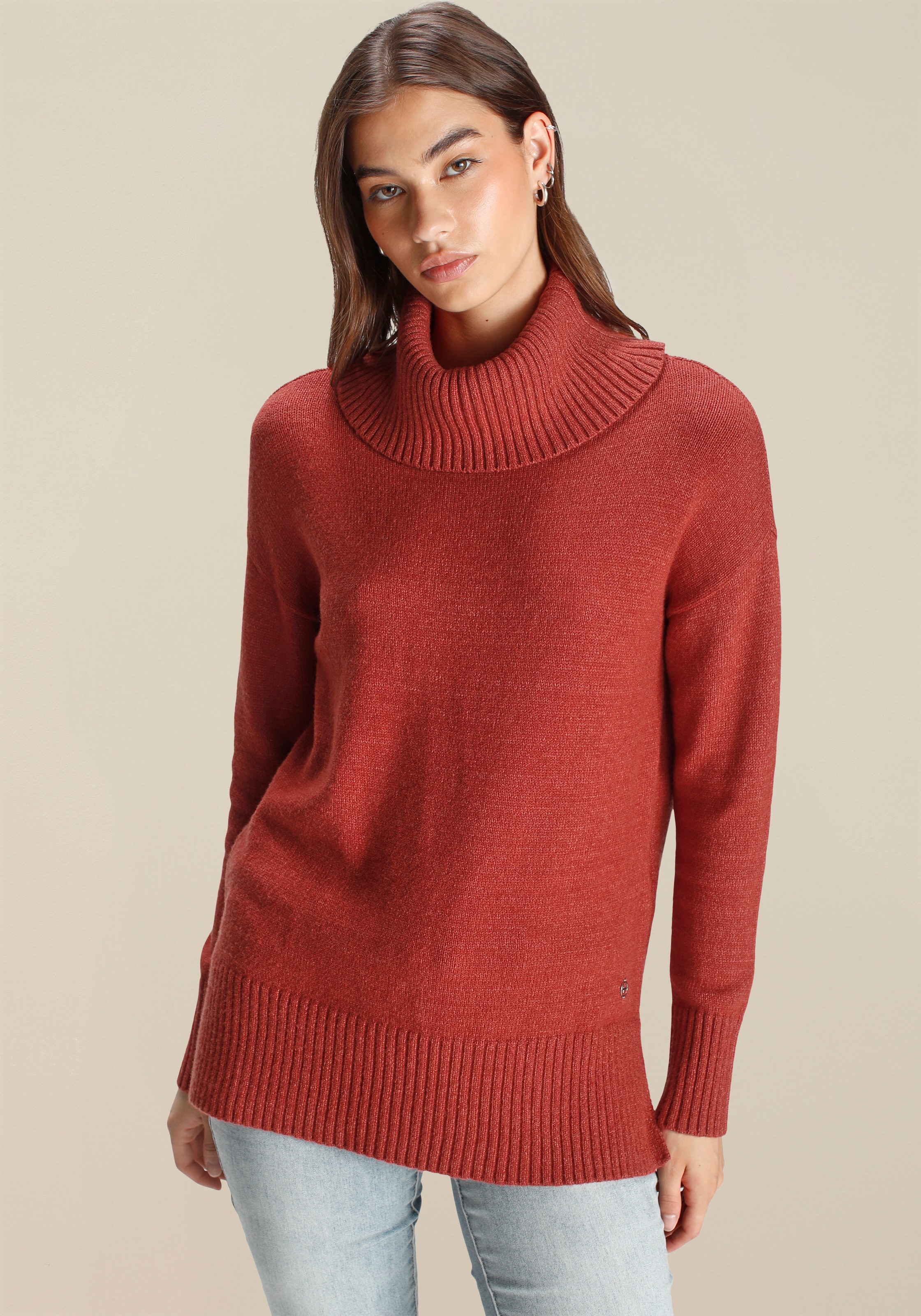 Rollkragenpullover TAMARIS, Damen, Gr. 32/34, orange (rost melange), Strick, Obermaterial: 50% Viskose, 28% Polyester, 22% Polyamid, lässig geschnitten hüftbedeckend, Strickbündchen, Pullover Rollkragenpullover, in lässiger Form mit seitlichen Schlitzen