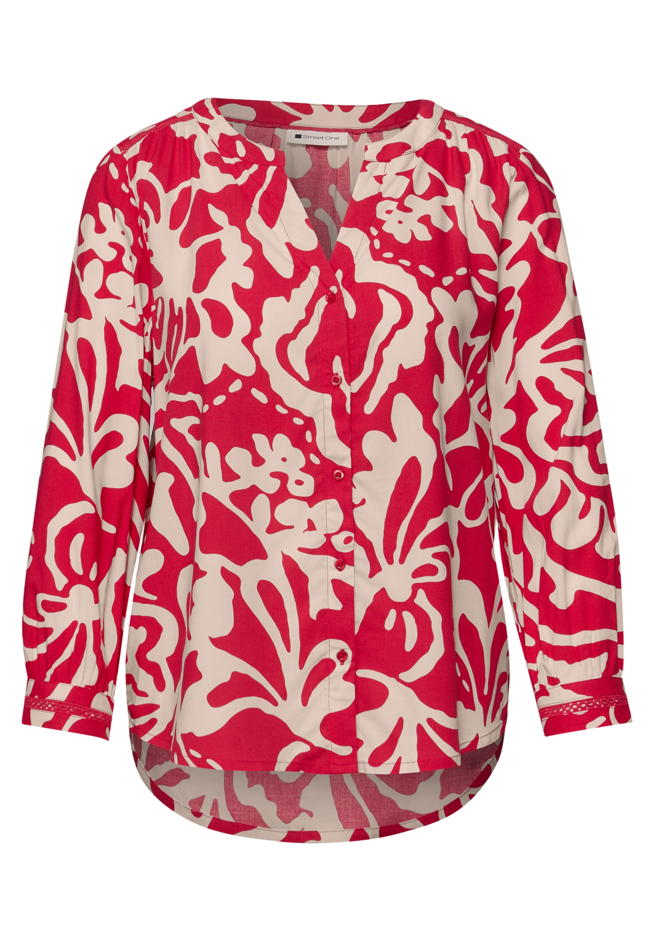 Druckbluse STREET ONE, Damen, Gr. 36, salsa rot, Web, Obermaterial: 100% Viskose, gemustert, figurumspielend hüftbedeckend, V-Ausschnitt, Blusen Druckbluse, 3/4-Arm-Bluse mit floralem Muster und Tape-Details 6
