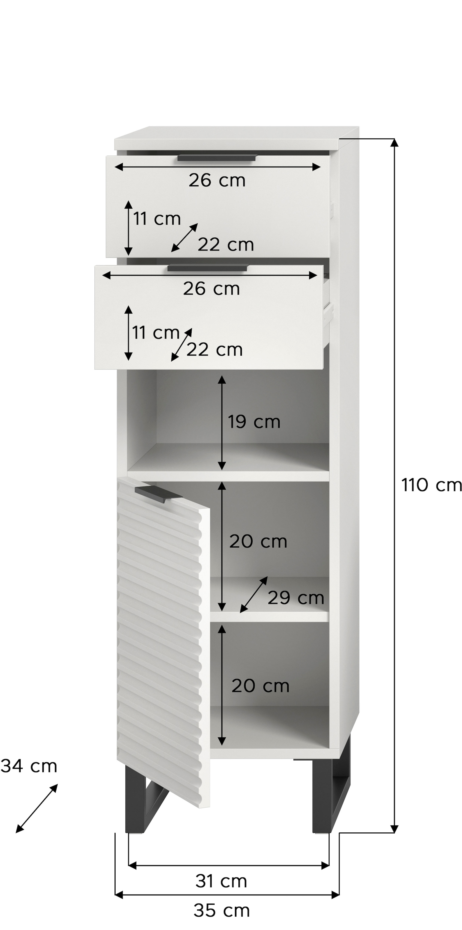 welltime Unterschrank »Litica, Höhe 110 cm, 2 Schubkästen, 1 Tür, 1 offenes Fach«, Badschrank, Bad-Midischrank, Badezimmer, Bad-Möbel