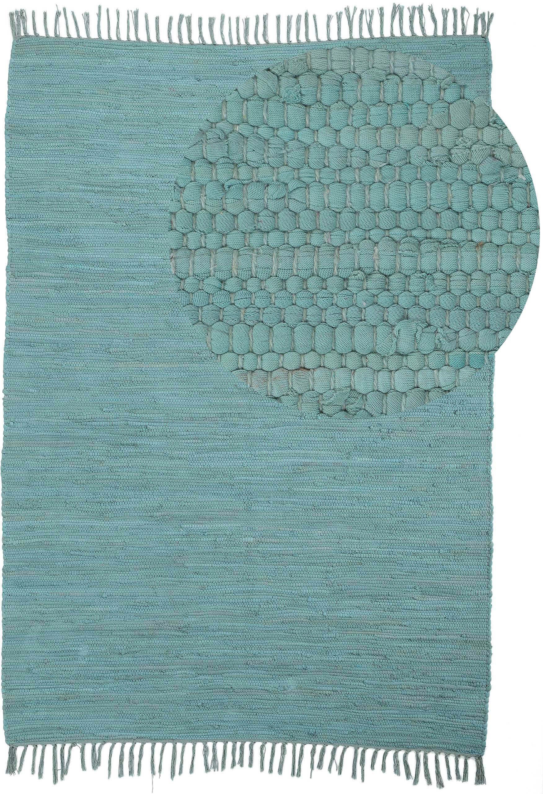 Teppich OTTO HOME "Handweb Uni, Wendeteppich", blau (türkis), B:190cm H:5mm L:290cm, Baumwolle, Teppiche, Teppich, Fleckerlteppich, reine Baumwolle, handgewebt, Uni, mit Fransen