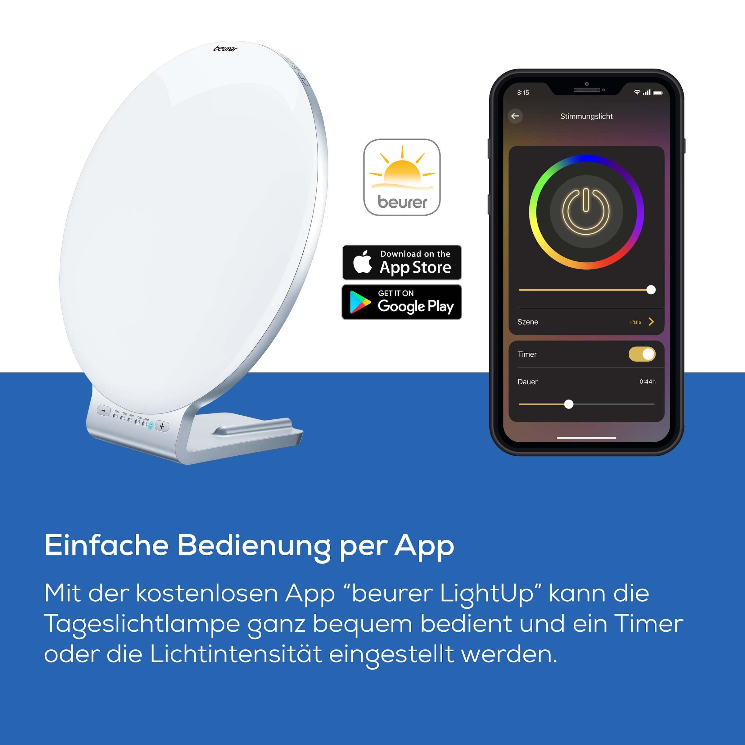 BEURER Tageslichtlampe »TL 100 mit 10.000 Lux Lichtstärke bei 10 cm Abstand«, Stimmungslicht mit Farbwechselfunktion, Timer, Dimmer, Medizinprodukt
