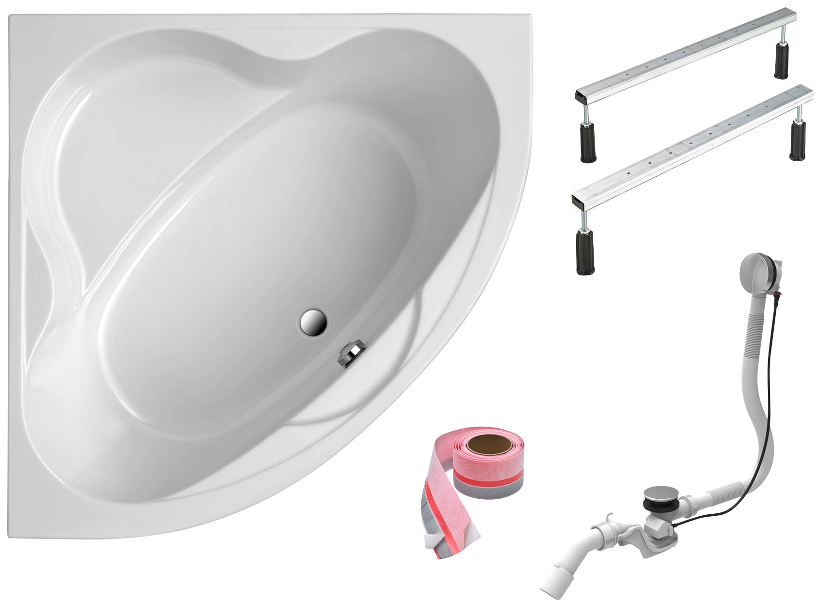 Eckwanne OTTOFOND, B:140cm L:140cm, weiß, Aluminium, Kunststoff, Sanitäracryl, Badewannen, 140 cm, mit Fußgestell, Ablaufgarnitur und Fugendichtband