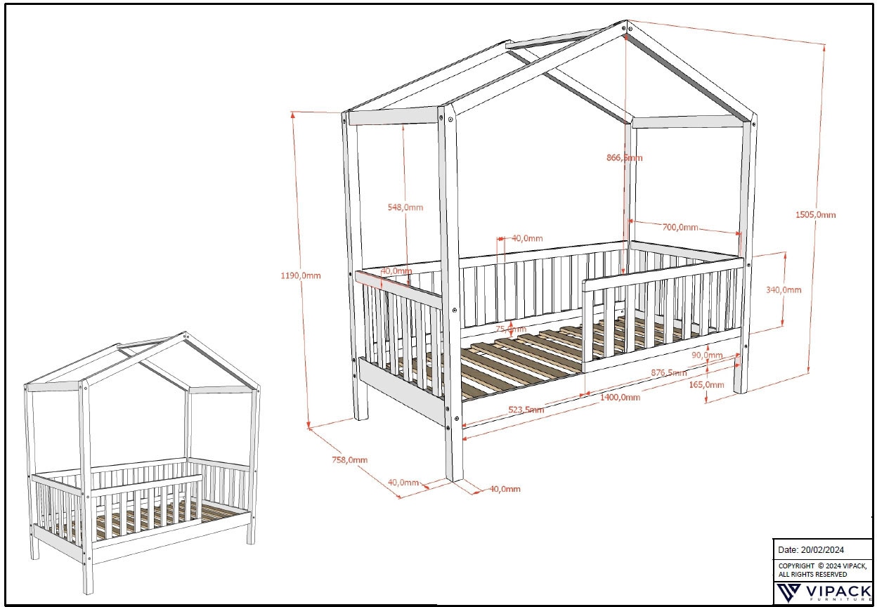 Home affaire Hausbett, in 70x140 cm mit Dachaufbau, Rausfallschutz, Lattenrost und 3 Farben