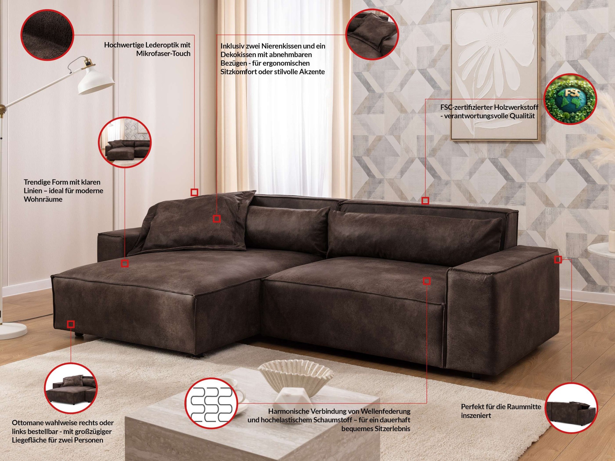 Thumbnail - OTTO home Ecksofa "KINLEE Design-Sofa mit Recamiere rechts/links, Maße B/T/H 251/144/70cm" L-Form mit Wellenunterfederun...