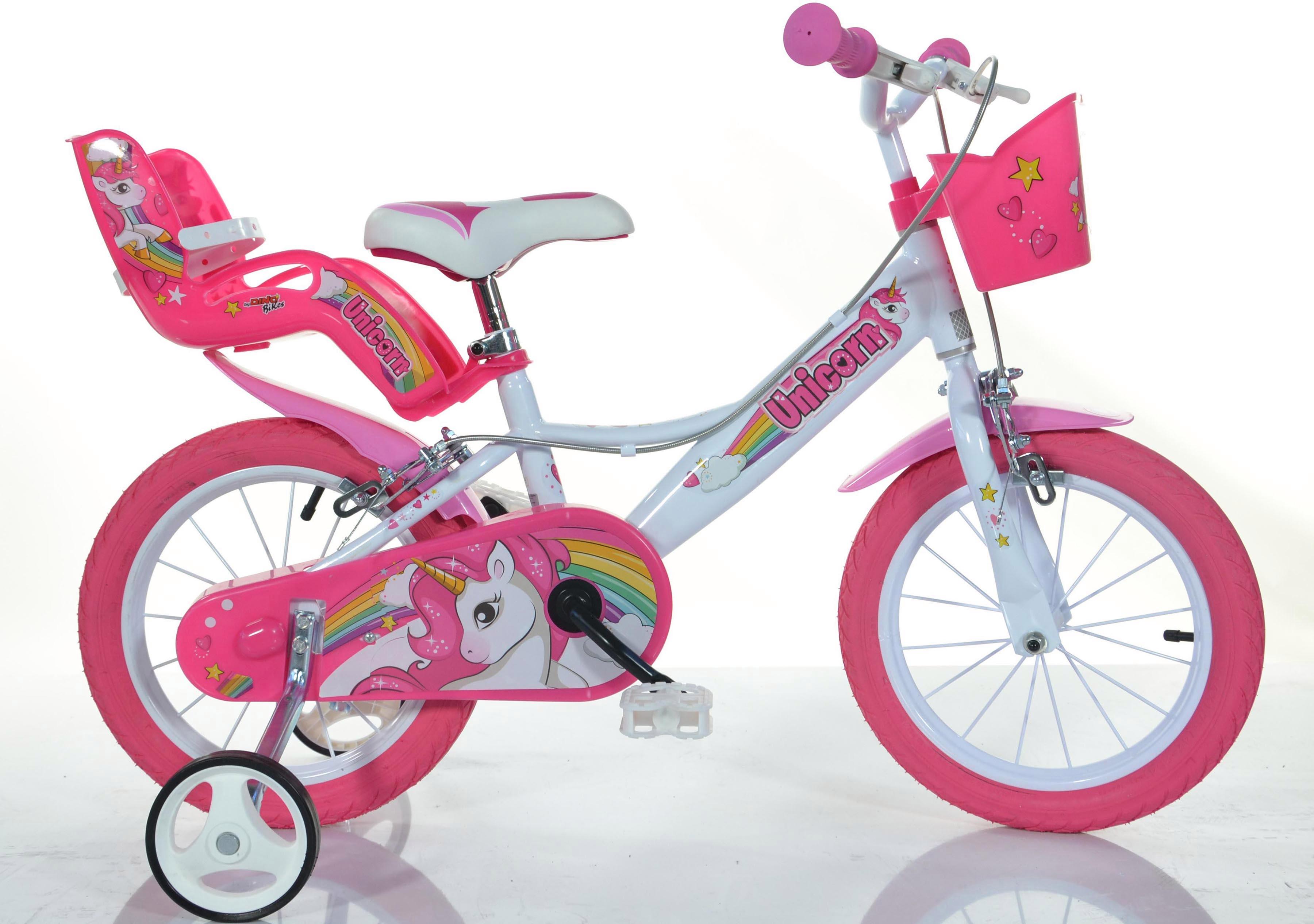 Dino Bikes Kinderfahrrad "16" Unicorn Einhorn Kinderfahrrad Mädchenfahrrad Freilauf 4–7 Jahre" 1 Gang mit Stützrädern, Korb und Puppensitz