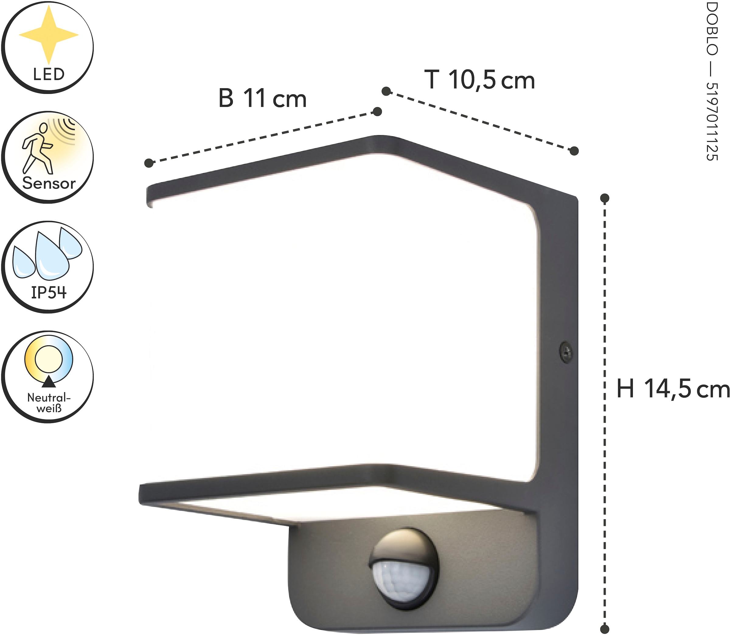 LUTEC LED Außen-Wandleuchte »LED-Aussenwandleuchte m. BWM DOBLO«, 1 flammig, Leuchtmittel LED-Board | LED fest integriert, mit Sensor