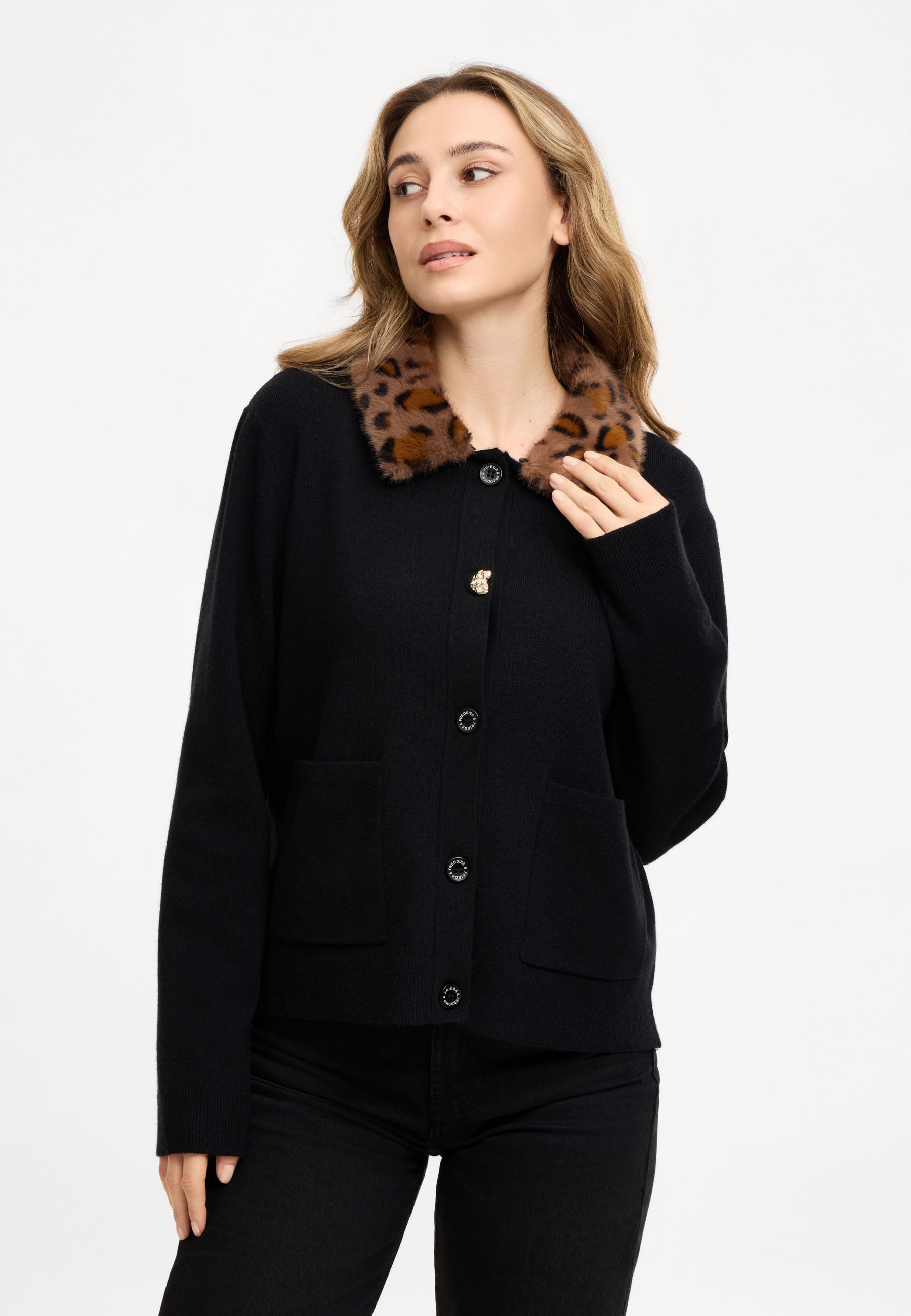 Frieda & Freddies "Frieda & Freddies Strickjacke mit Leo-Fake-Fur-Kragen"