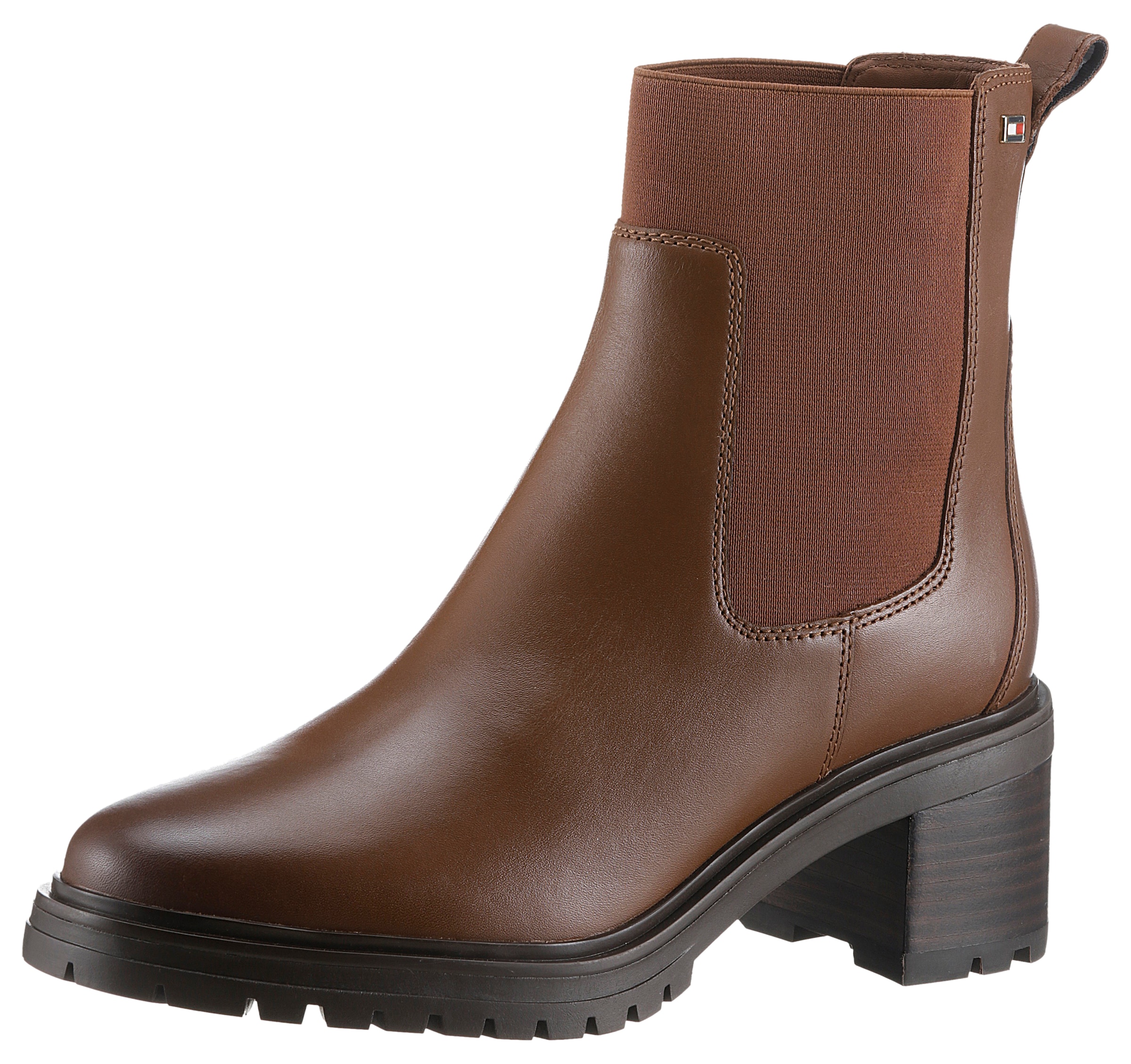 Tommy Hilfiger Chelseaboots "FLAG MID HEEL LEATHER CHELSEA", Blockabsatz, Stiefelette, Schlupfboots mit seitlicher Logof