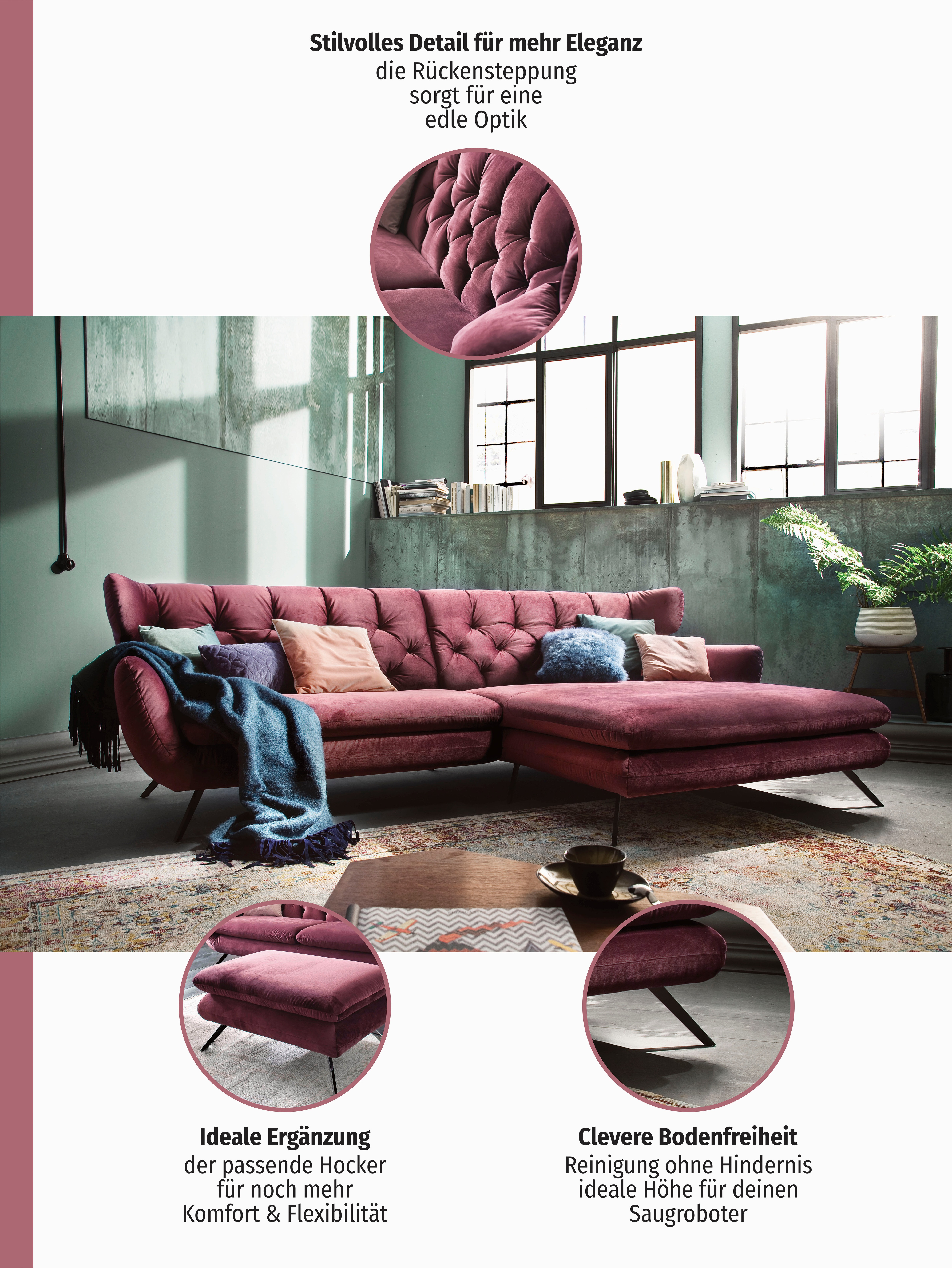 Thumbnail - 3C Candy Ecksofa "Beatrice Designsofa in moderner Retrooptik, bequem und extravagant" mit Rückensteppung im Rautenmuster...