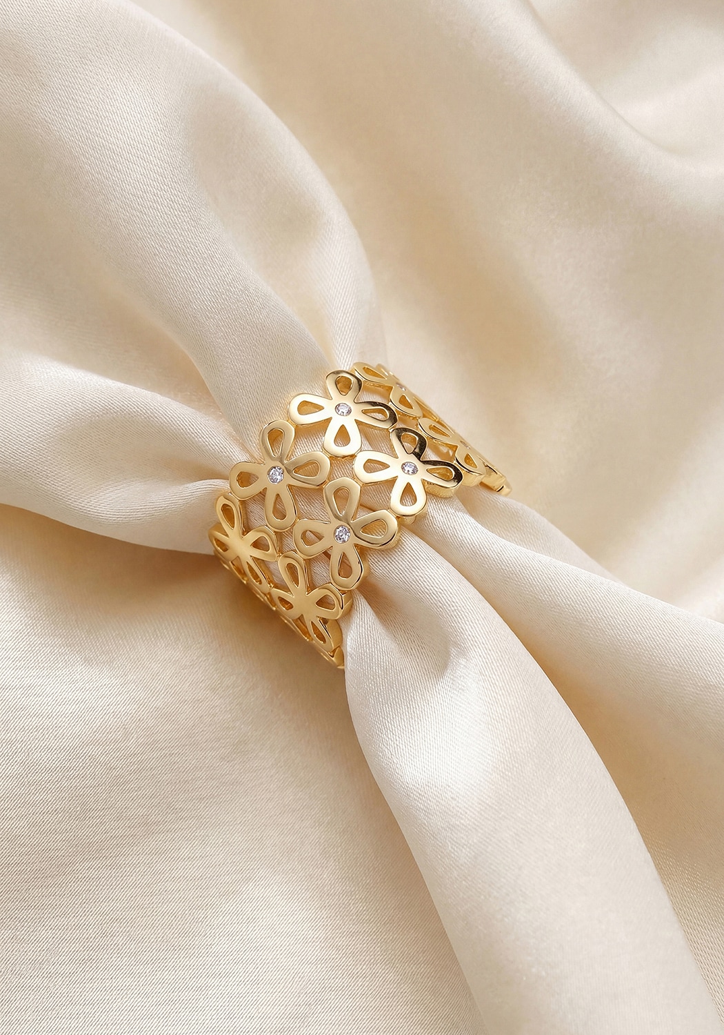 JOBO Fingerring »Statement Ring Blume breit« 925 Silber vergoldet mit 8 Zirkonia