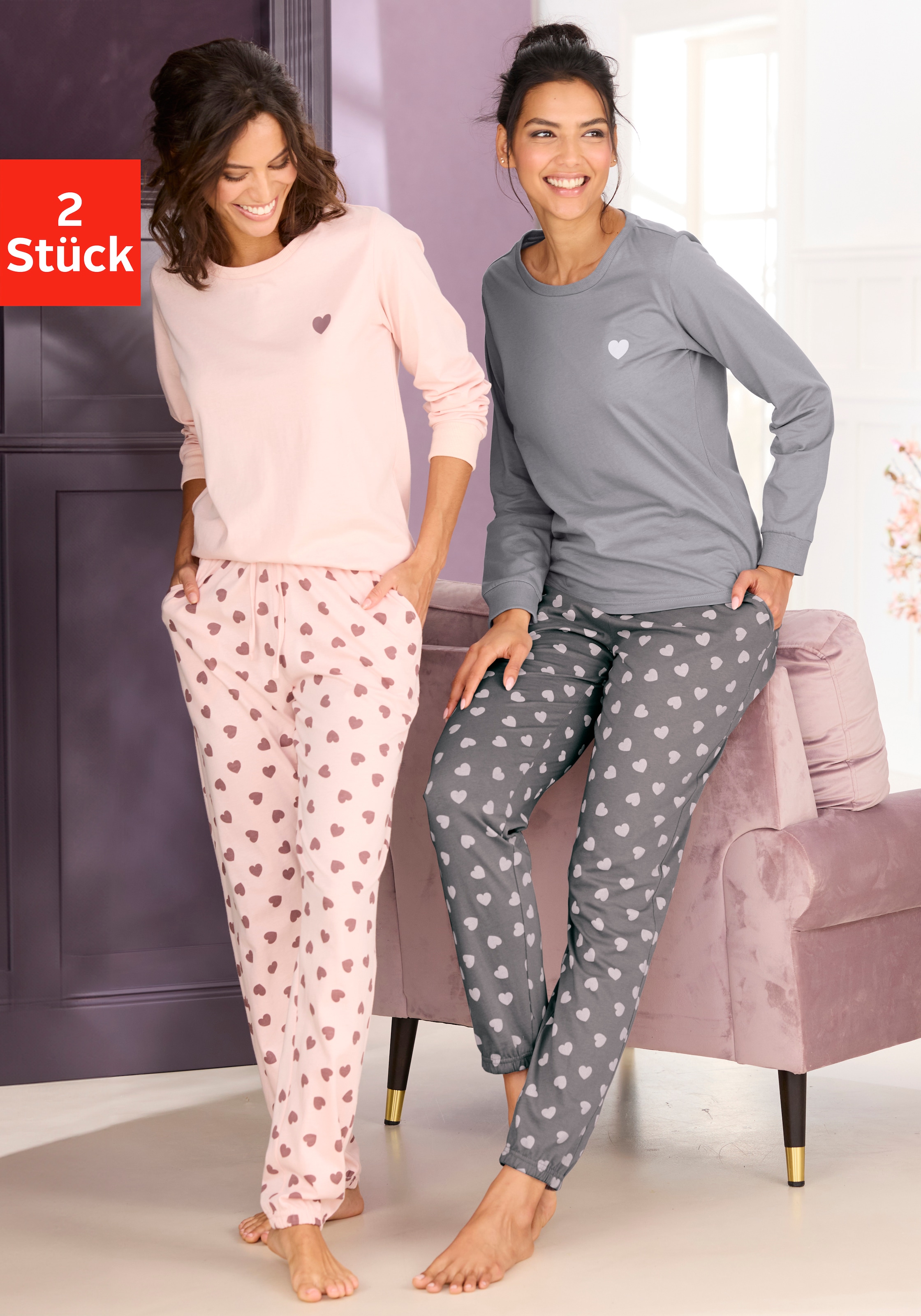 Vivance Dreams Pyjama Spar-Set, 2er Pack, 4 tlg. mit süßem Herzmuster günstig online kaufen