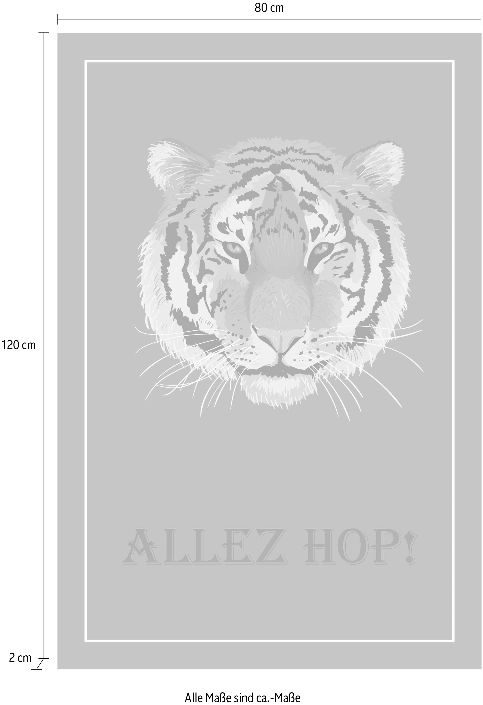 queence Leinwandbild »Tiger ALLEZ HOP!«, Kunst-Modern-Schriftzug-Tiere-Tiger-Raubkatzen, Premium-Leinwandstoff, Handarbeit aus Deutschland