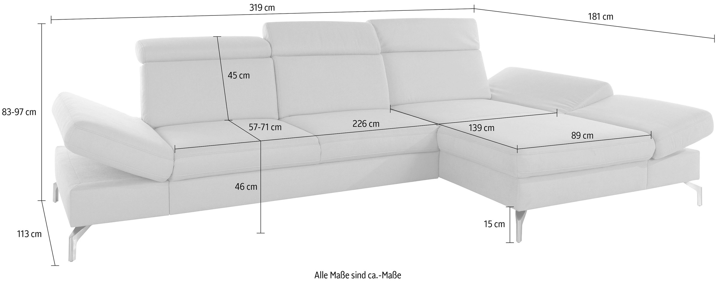sit&more Ecksofa »Brisbane L-Form«, Fußhöhe 15 cm, inklusive Sitztiefen-, Armteil- und Kopfteilverstellung