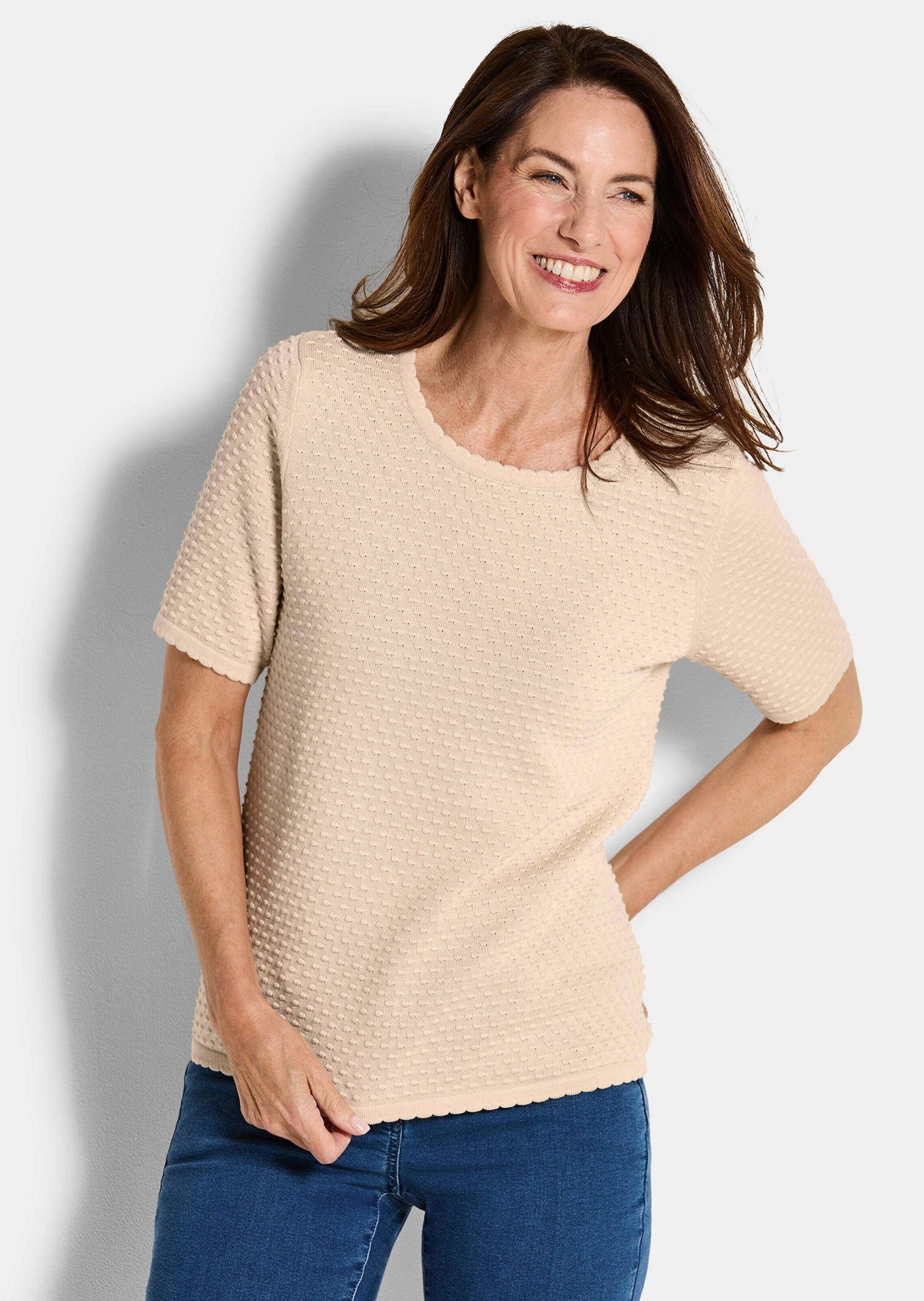 Rundhalspullover GOLDNER "Halbarm Strickshirt mit Rundhals", Damen, Gr. 40, beige, Obermaterial: 100% Baumwolle CO., Modisch, Pullover Rundhalspullover, Rundhalsausschnitt 2