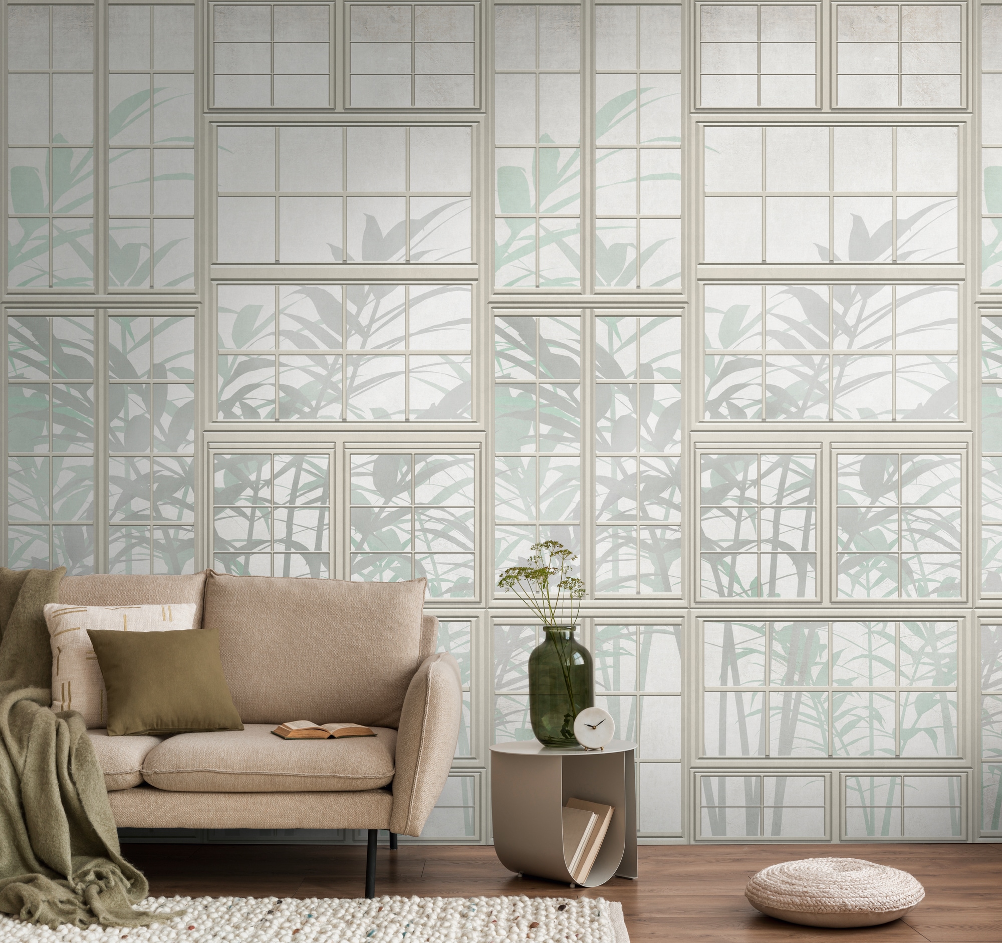 living walls Fototapete "THE WALL III Fenster Tapete Motivtapete Floral Blattmuster" matt glatt Vliestapete Pflanzen für Schlafzimmer Küche Wohnzimmer Fenster Design