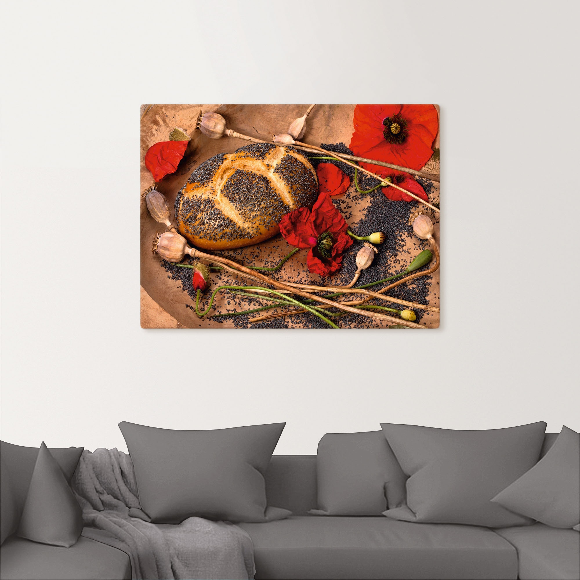 Artland Leinwandbild »Mohnbrot mit Mohnblumen dekoriert«, Getreide, (1 St.), auf Keilrahmen gespannt