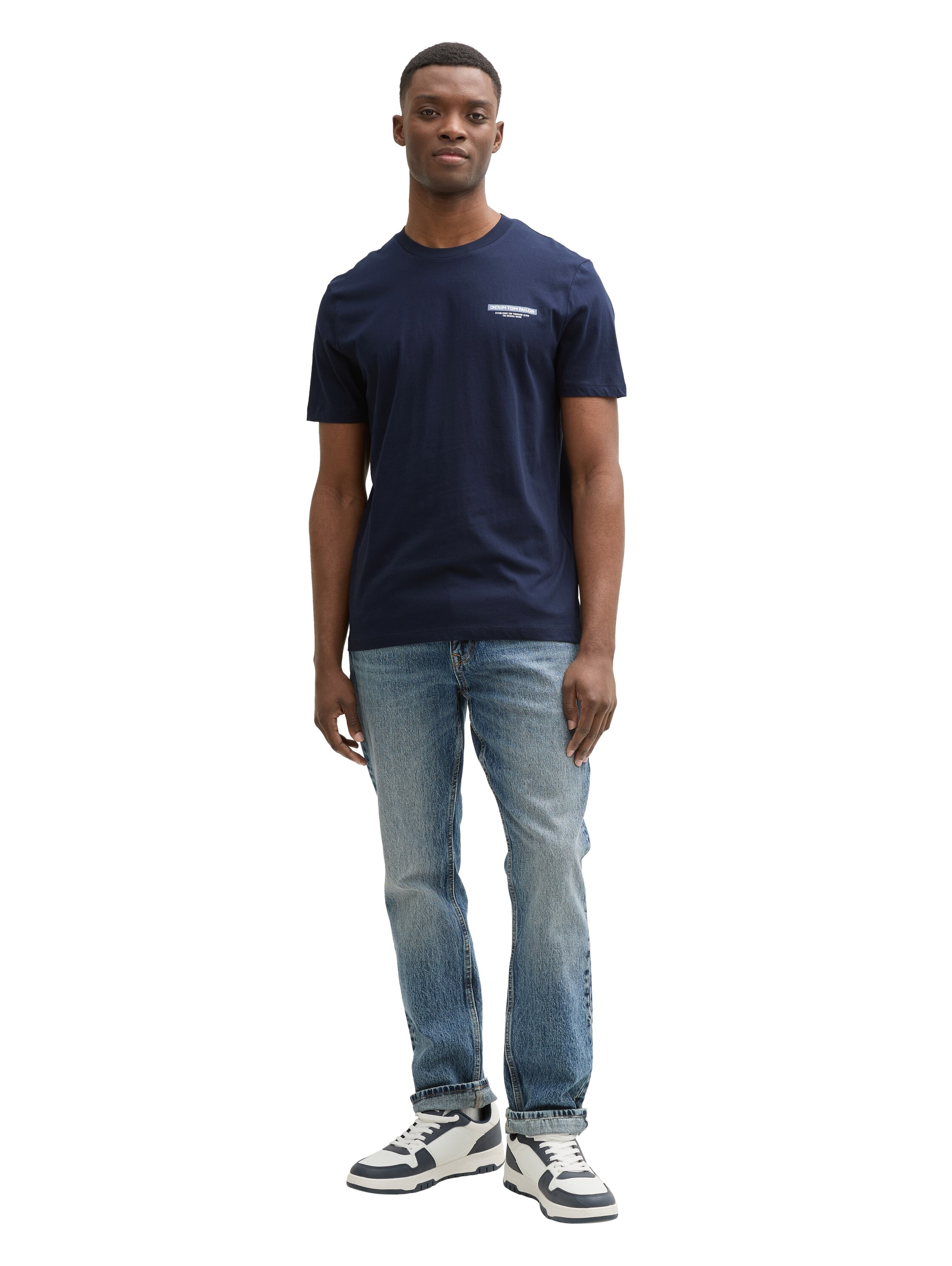 Rundhalsshirt TOM TAILOR DENIM, Damen, Gr. XXL, blau (nautical navy), Single Jersey, Obermaterial: 100% Baumwolle, unifarben, regular fit taillenbedeckt, Rundhals, Shirts Rundhalsshirt, mit verschiedenen Logo Prints 3