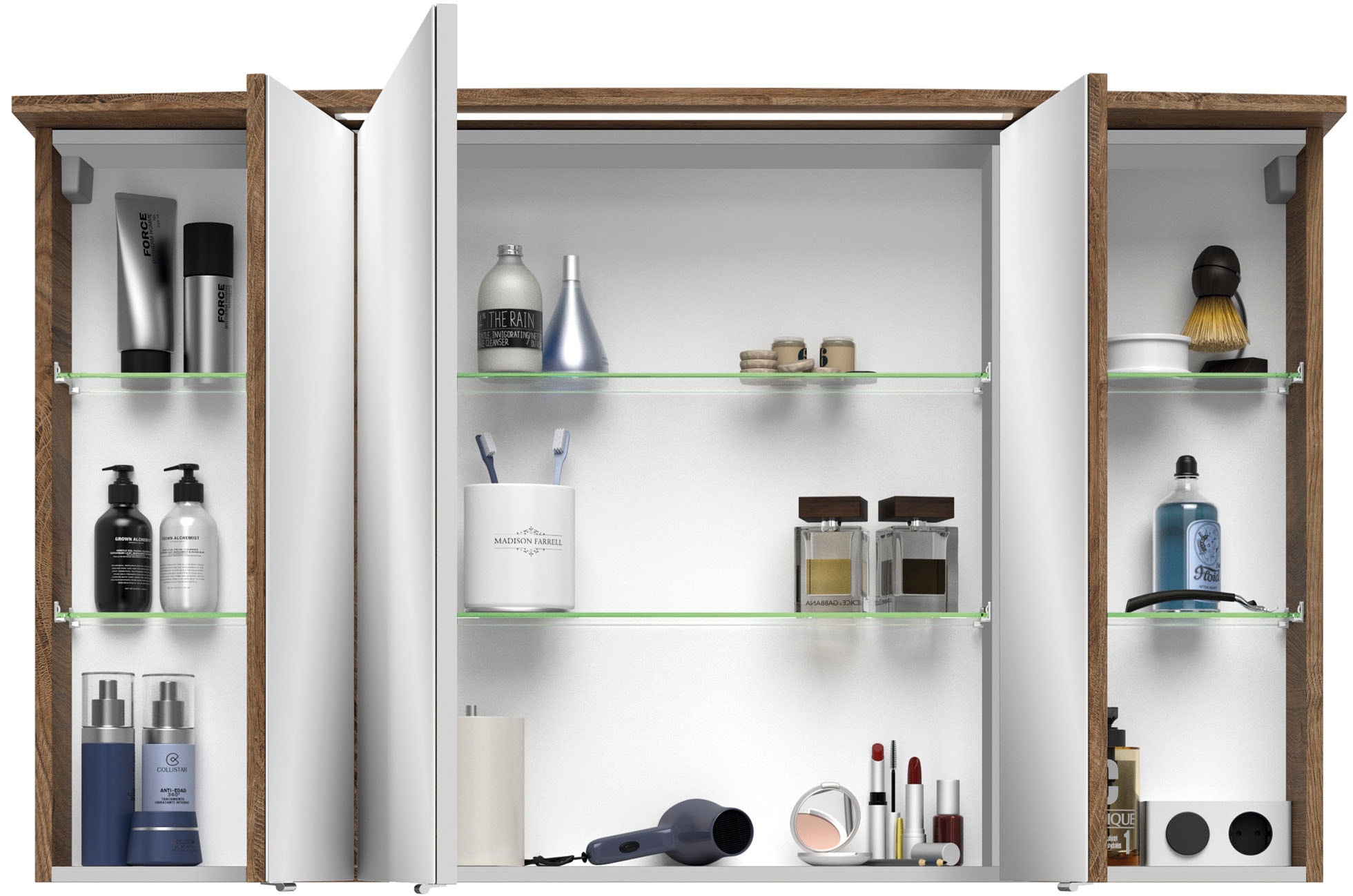 Saphir Badezimmerspiegelschrank »Serie 4010 Badezimmer-Spiegelschrank inkl. LED-Beleuchtung im Kranz«, Badschrank 122 cm breit, 3 Türen, 6 Glas-Einlegeböden, inkl Türdämpfer