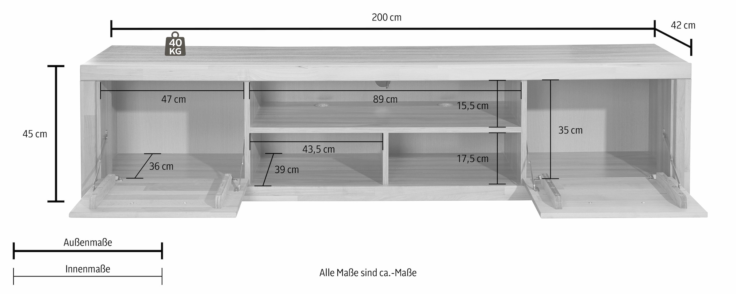 Home affaire Lowboard »Logo,200cm breit,42 cm tief, Fronten Massivholz, Kabeldurchführung«, Korpus Holzwerkstoff,2 Klappen, 5 Fächer, Metallgriffe