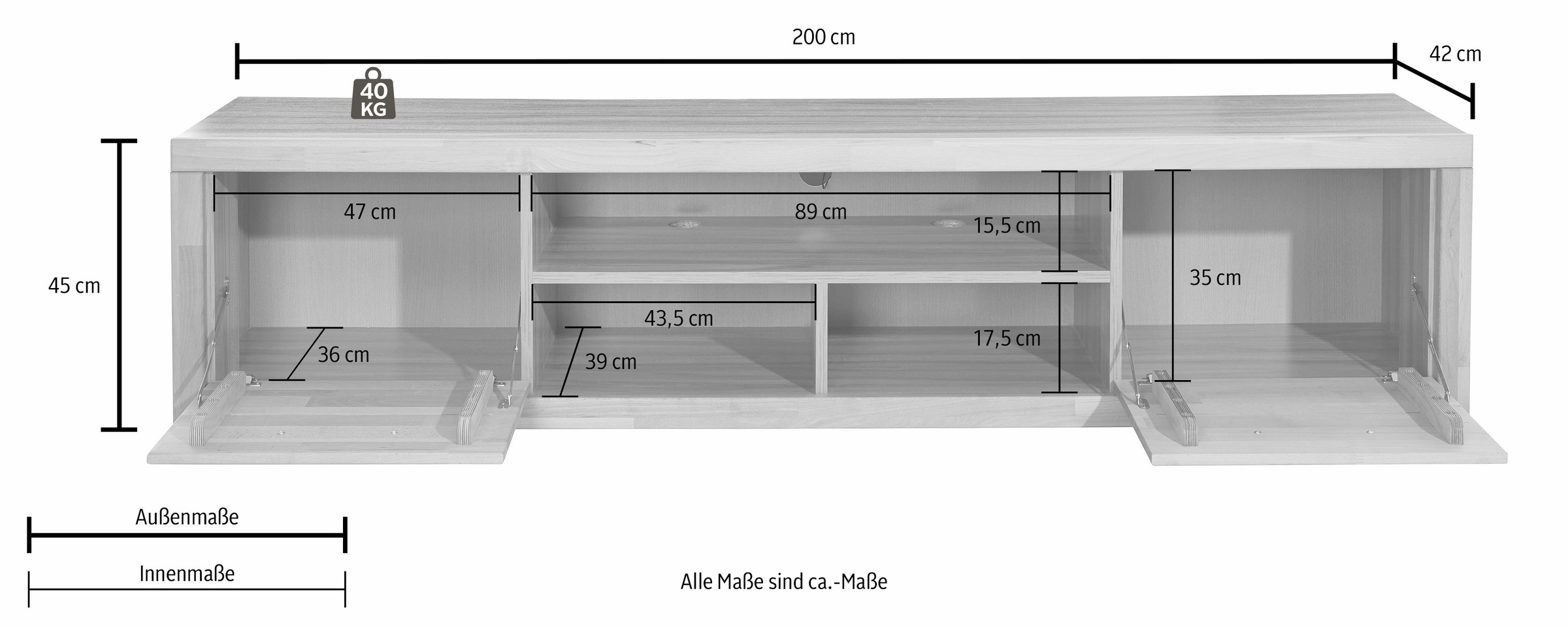 Home affaire Lowboard "Logo,200cm breit,42 cm tief, Fronten Massivholz, Kab günstig online kaufen