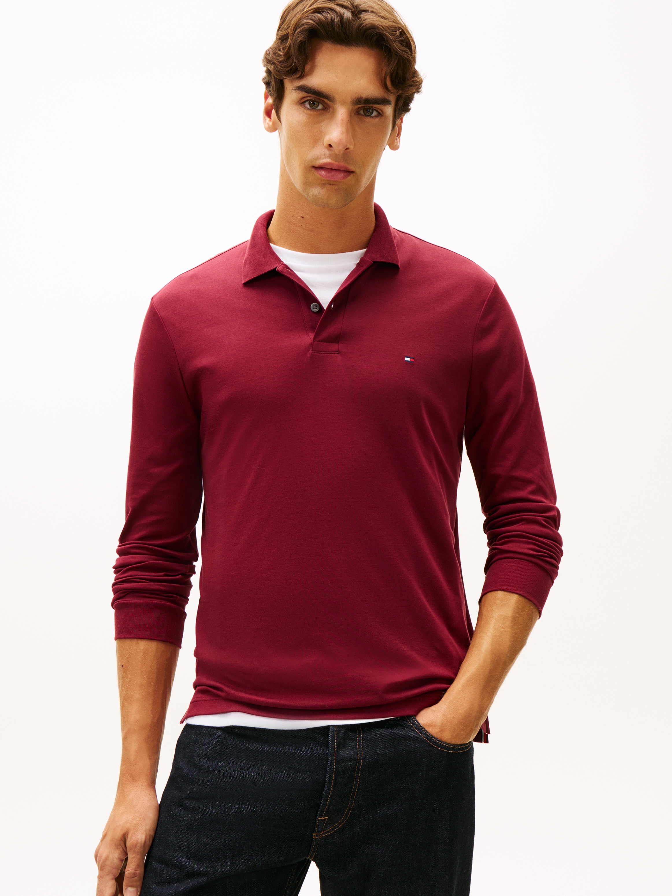 Tommy Hilfiger Langarm-Poloshirt "L/S LIQUID COTTON REG POLO mit Jersey und Markenlabel" unifarben, casual, regular fit, Baumwolle, Polokragen