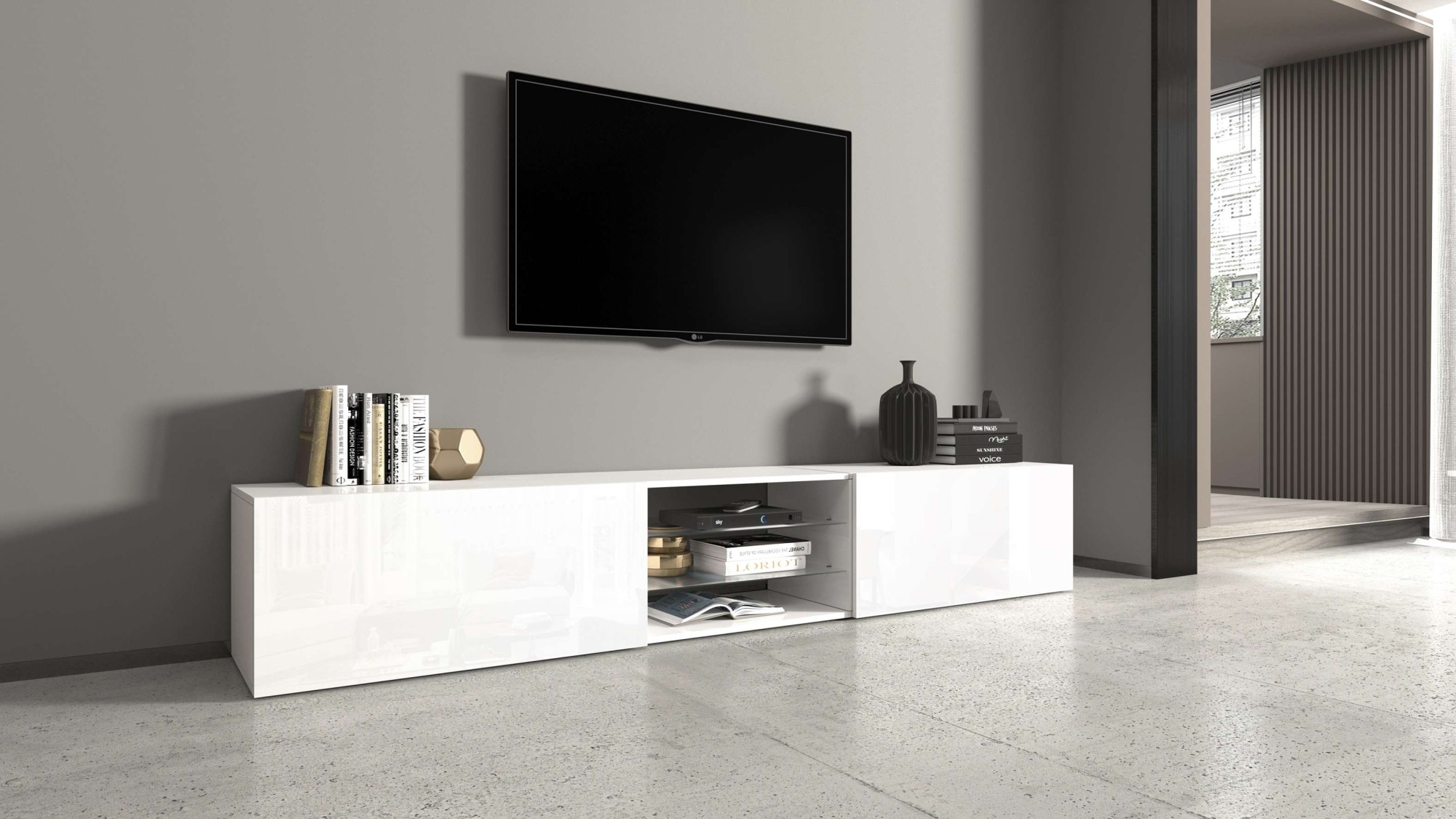 OTTO home Lowboard "Egypt,Lowboard,TV-Kommode,TV-Möbel,TV-Bank" mit 2 Klappen, 2 Glasböden,kompl. Hochgl. lackiert (B/T/H)240x38x35 cm