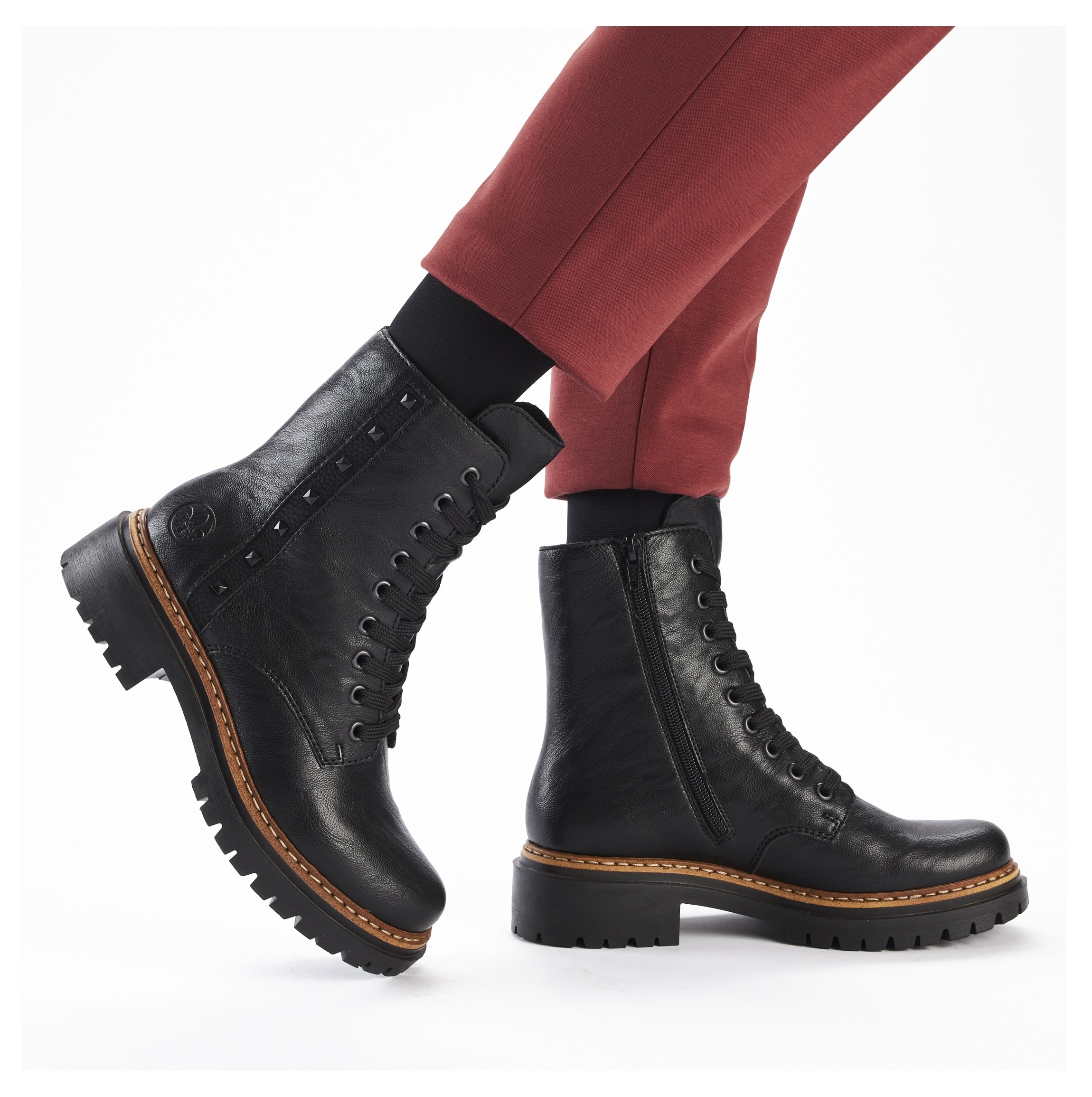 Rieker Schnürstiefelette, Schnürboots, Blockabsatz, Innenreißverschluss und Nietenverzierung