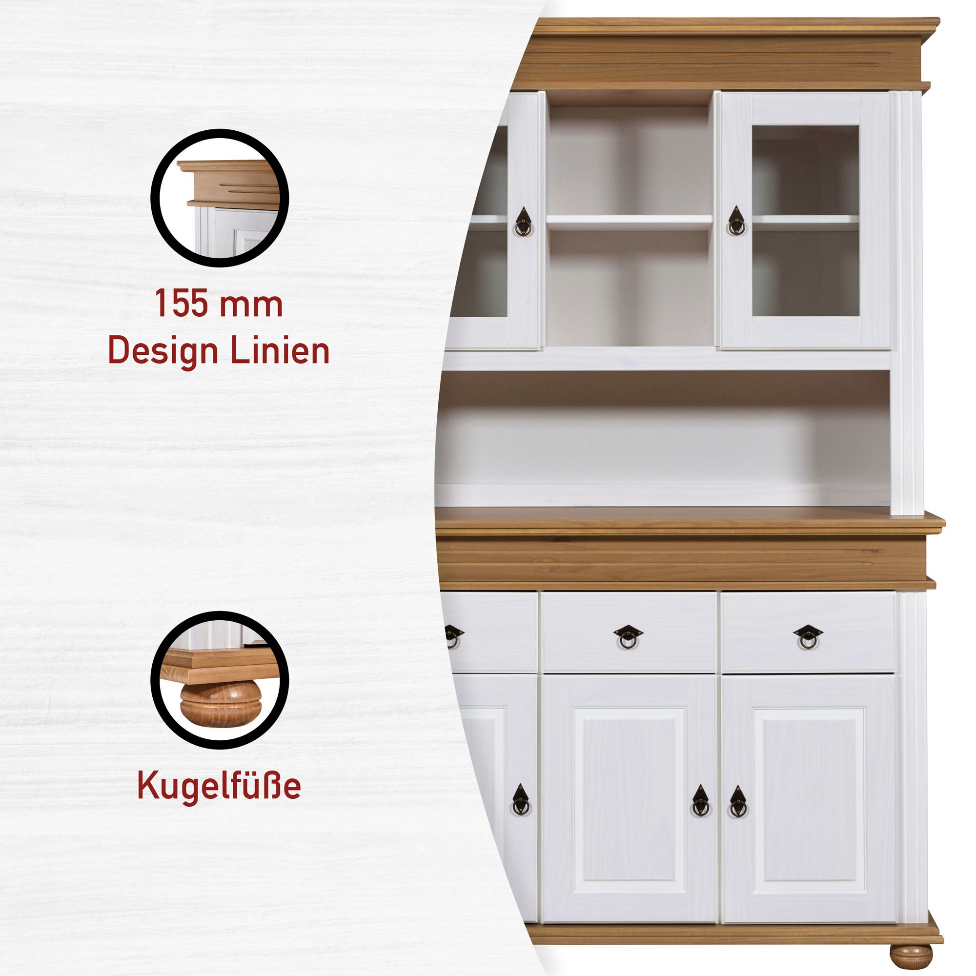 Inter Link Buffet »Halmaro, Kiefer Massivholz, Weiss/Braun-Oak, 141 x 46,30 x 213 cm« 1 Stk. tlg. Vitrine im Laudhausstil, Küchenschrank mit Glastüren, viel Stauraum