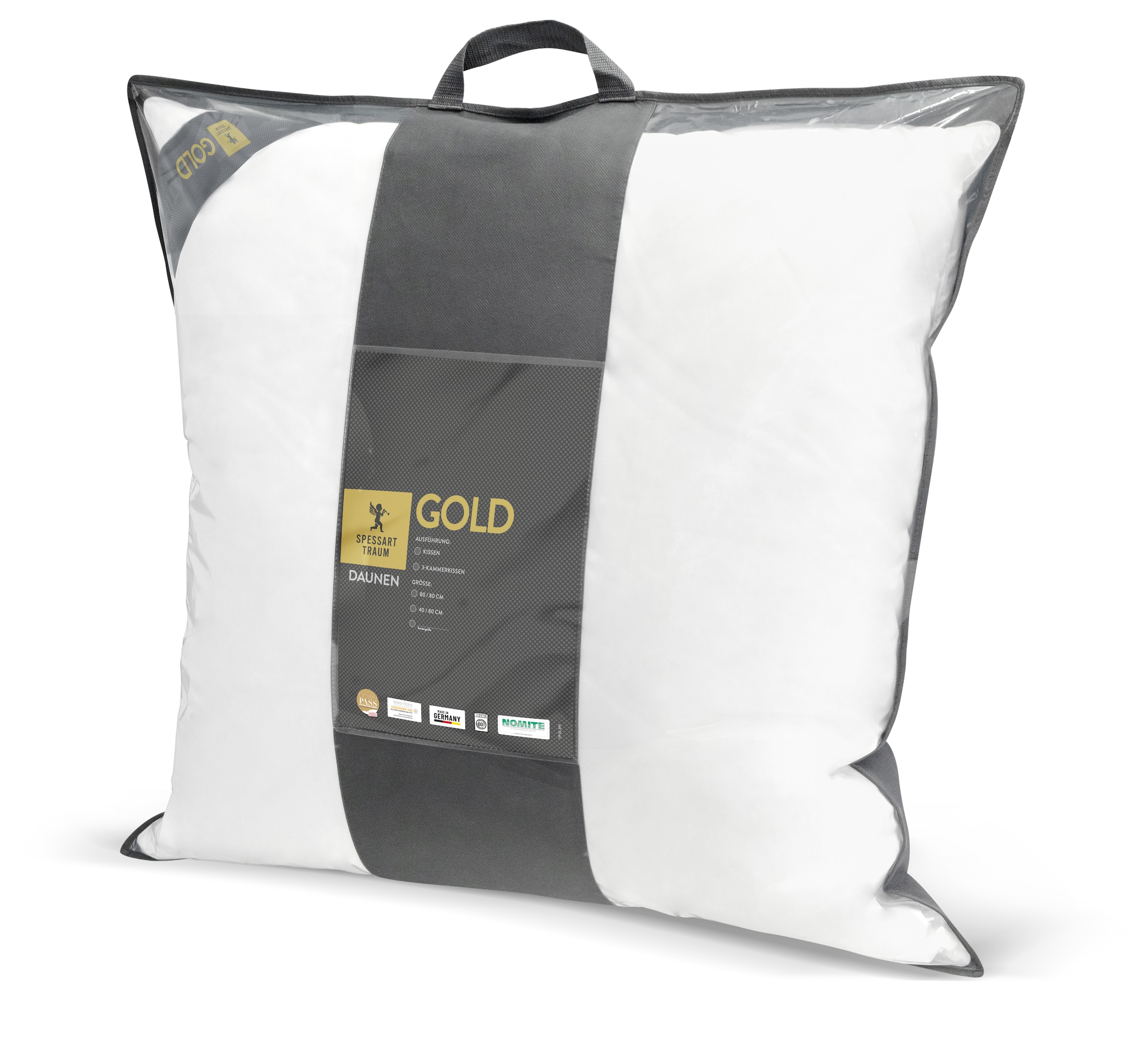 SPESSARTTRAUM 3-Kammer-Kopfkissen »Gold«, Füllung: Außen: 90% Gänsedaunen, 10% Gänsefedern Innen: 100% Gänsefedern, Bezug: 100% Baumwolle, (1 St.), hergestellt in Deutschland, allergikerfreundlich