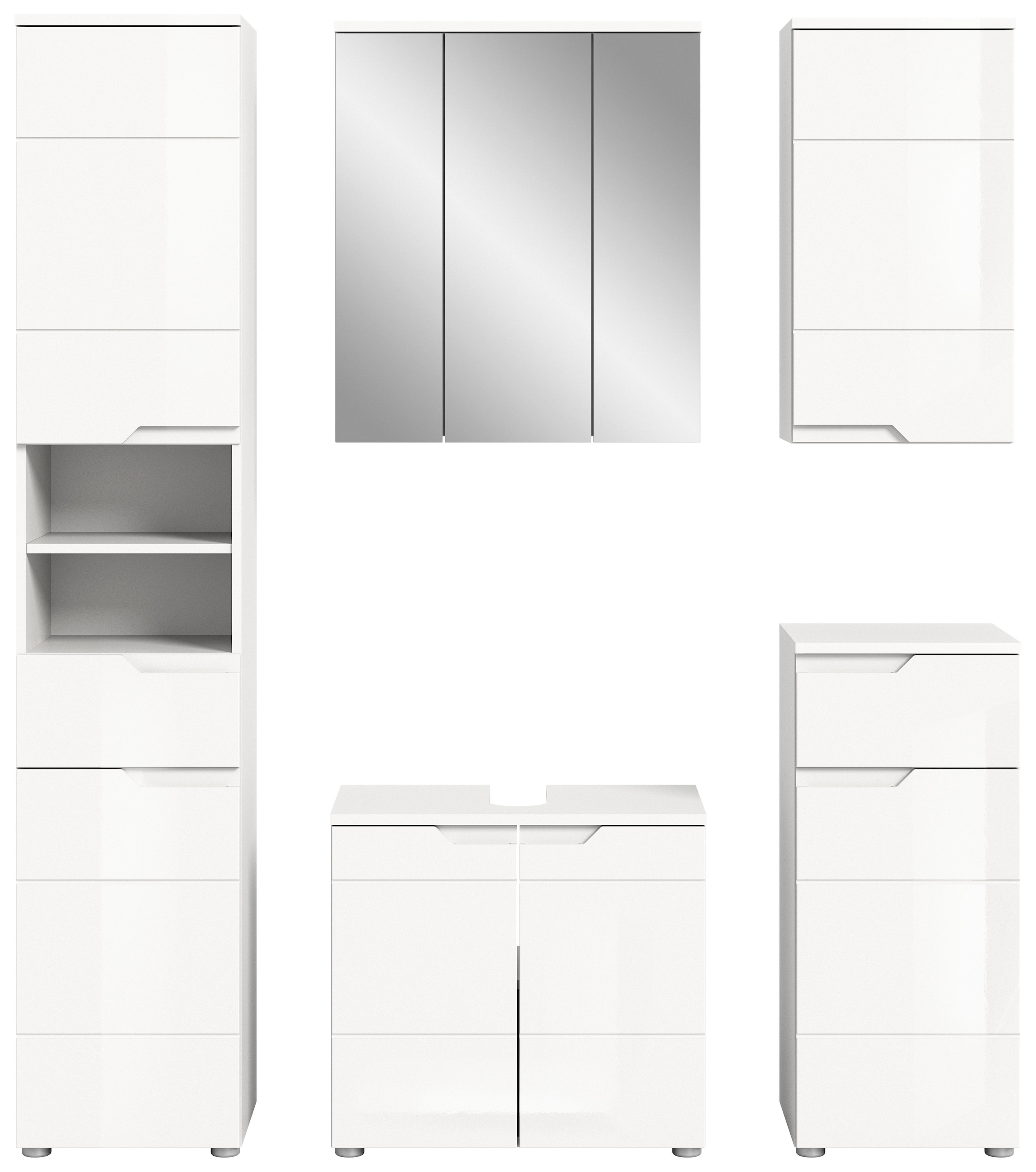 INOSIGN Badmöbel-Set »CAPRI, 5-teilig, mit eingefasster Griffmulde, bestehend aus:«, Hochschrank, WBU, Spiegelschrank, Unterschrank und Hängeschrank