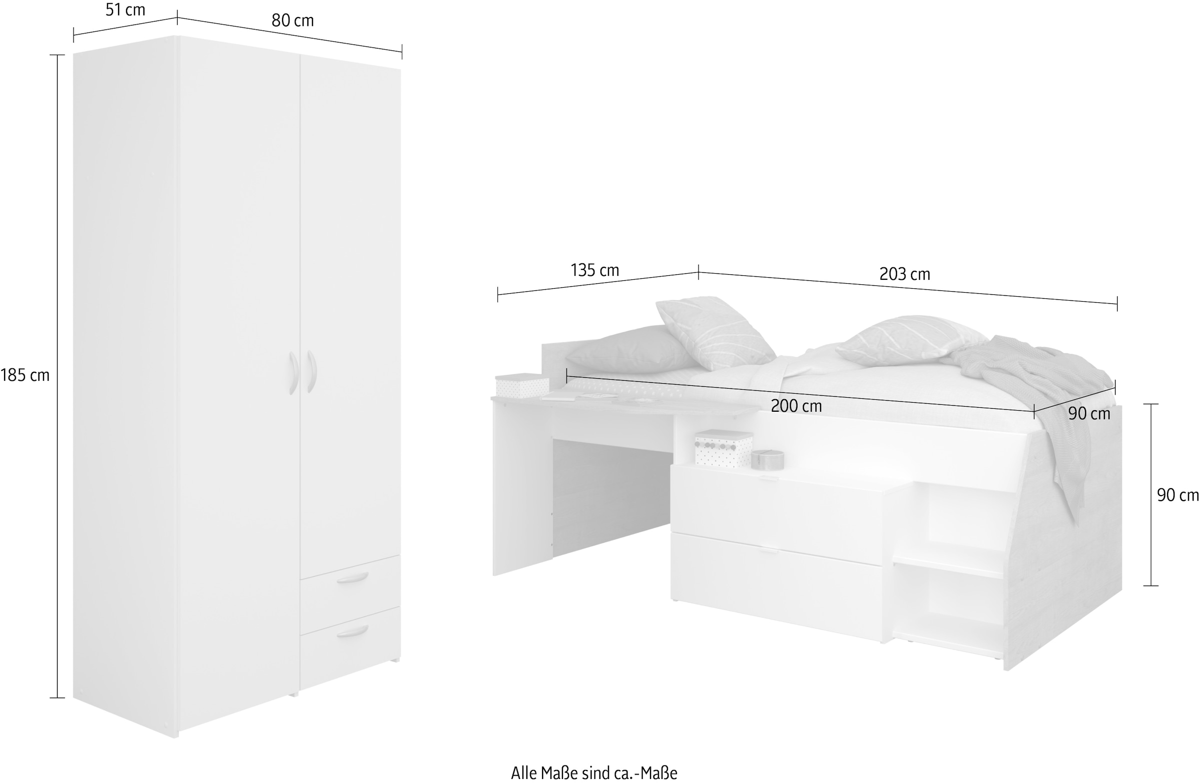 Parisot Jugendzimmer-Set »Parisot Milky 14«, (2 tlg., Bestehend aus halbhohem Hochbett und 2-trg. Kleiderschrank)