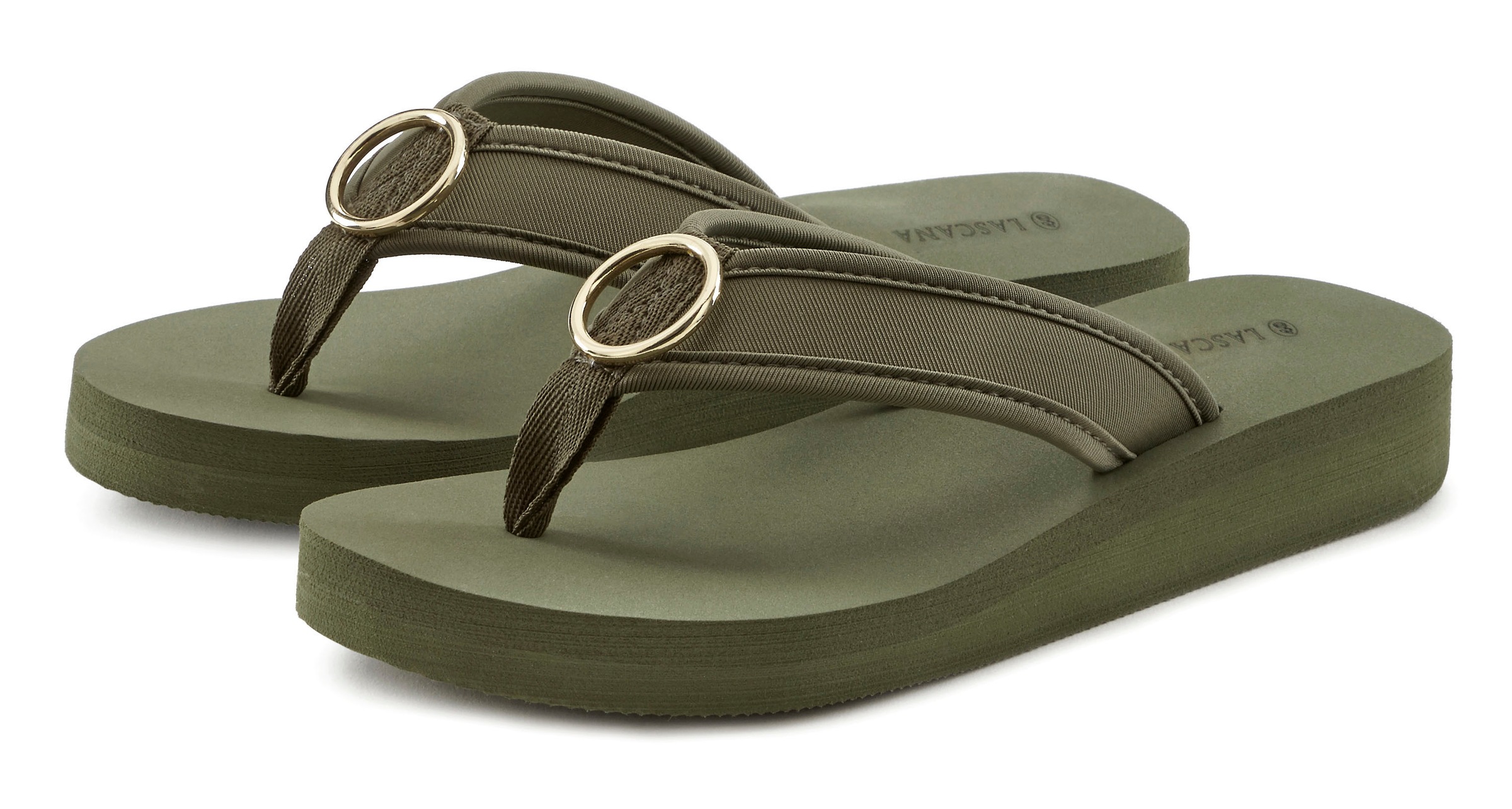 Badezehentrenner LASCANA "Sandale, Badeschuh, Pantolette, Badelatsche, Flip Flop", Damen, Gr. 43, grün (oliv), Obermaterial: 100% Textilmaterial. Decksohle: 100% Synthetik. Futter: 100% Textilmaterial. Laufsohle: 100% Synthetik, unifarben, Schuhe Zehentre