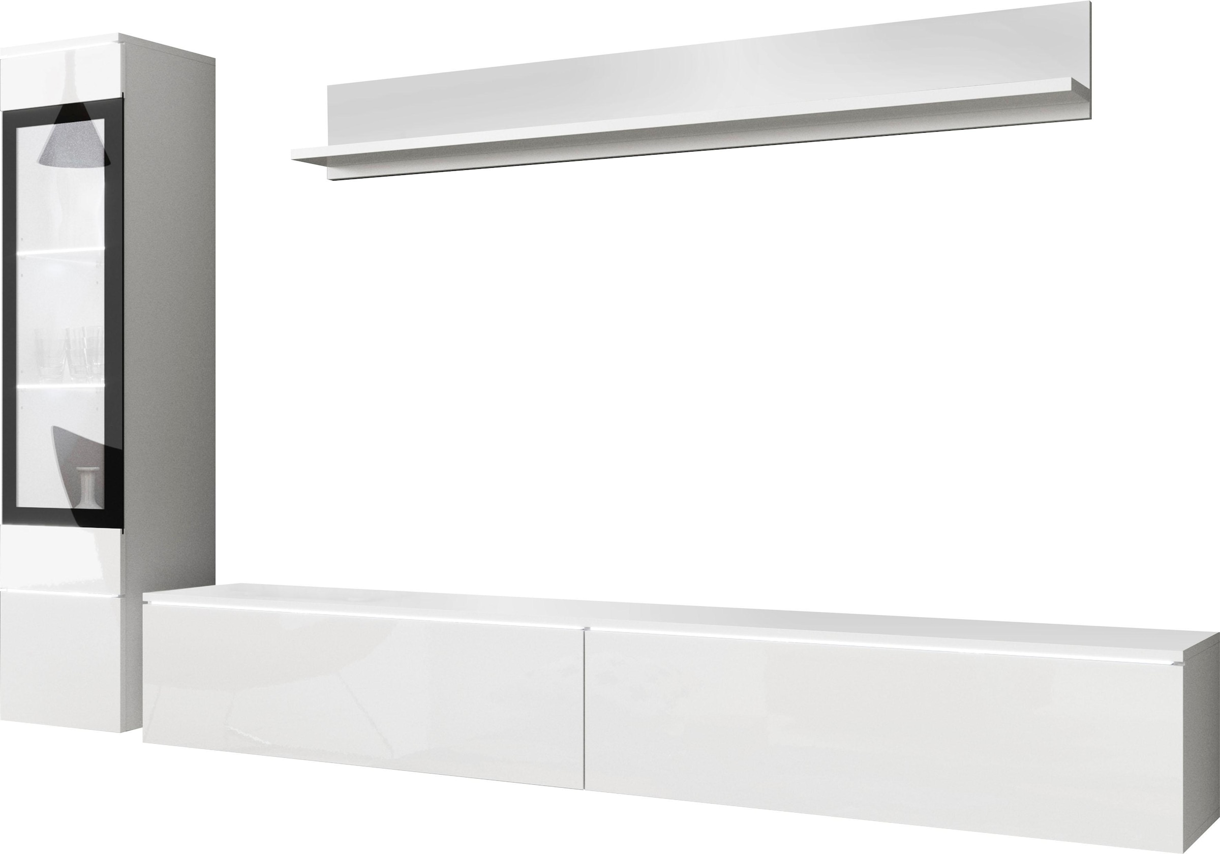INOSIGN Wohnwand »VERA I, Vitrinen Türanschlag links/rechts wechselbar«, (Komplett-Set, 3 St.), Mediawand 230 cm, Vitrine mit Verglasung, stehend und hängend