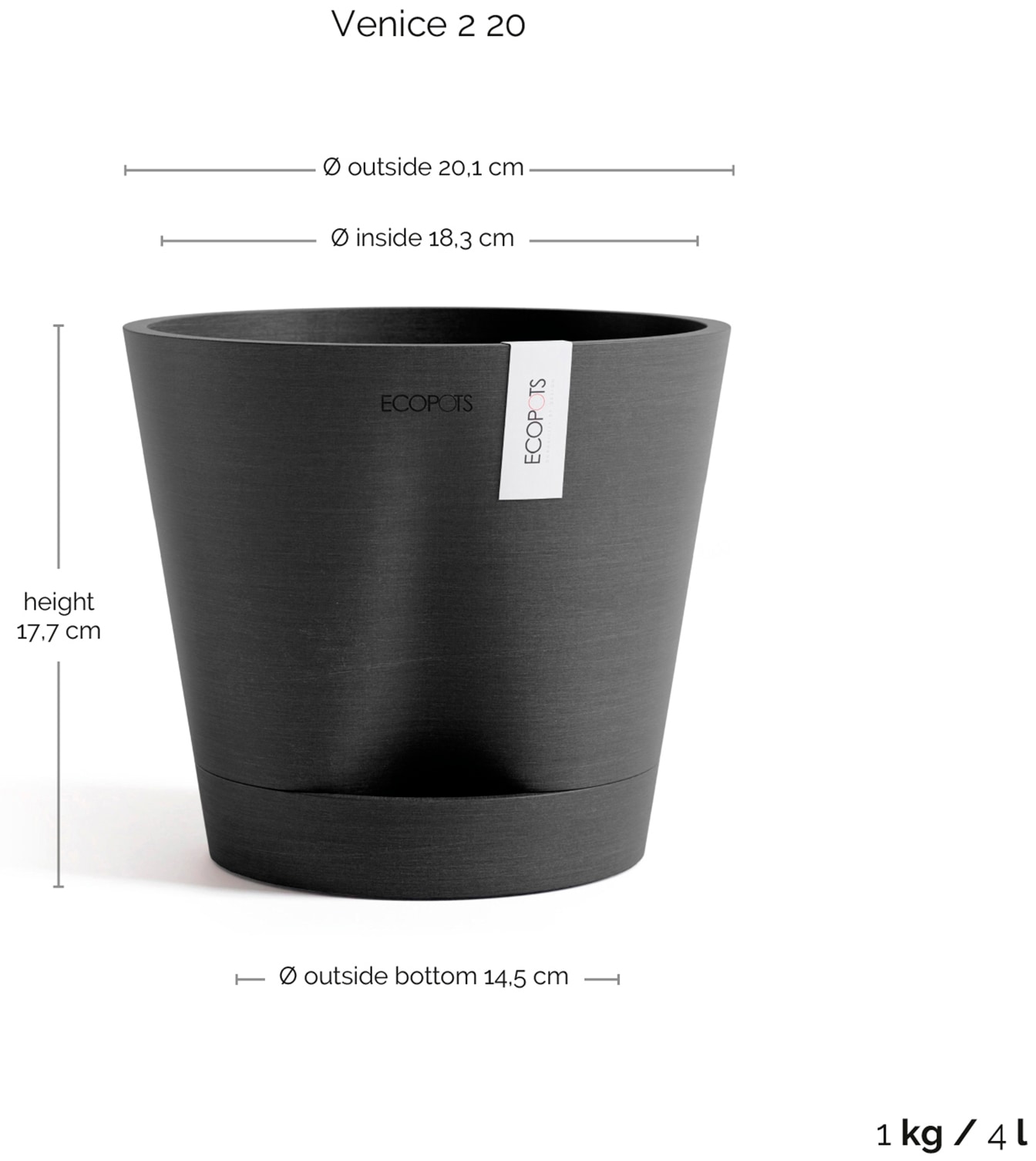 ECOPOTS Blumentopf »Venice 2 20 Dunkelgrau«, für den Innenbereich