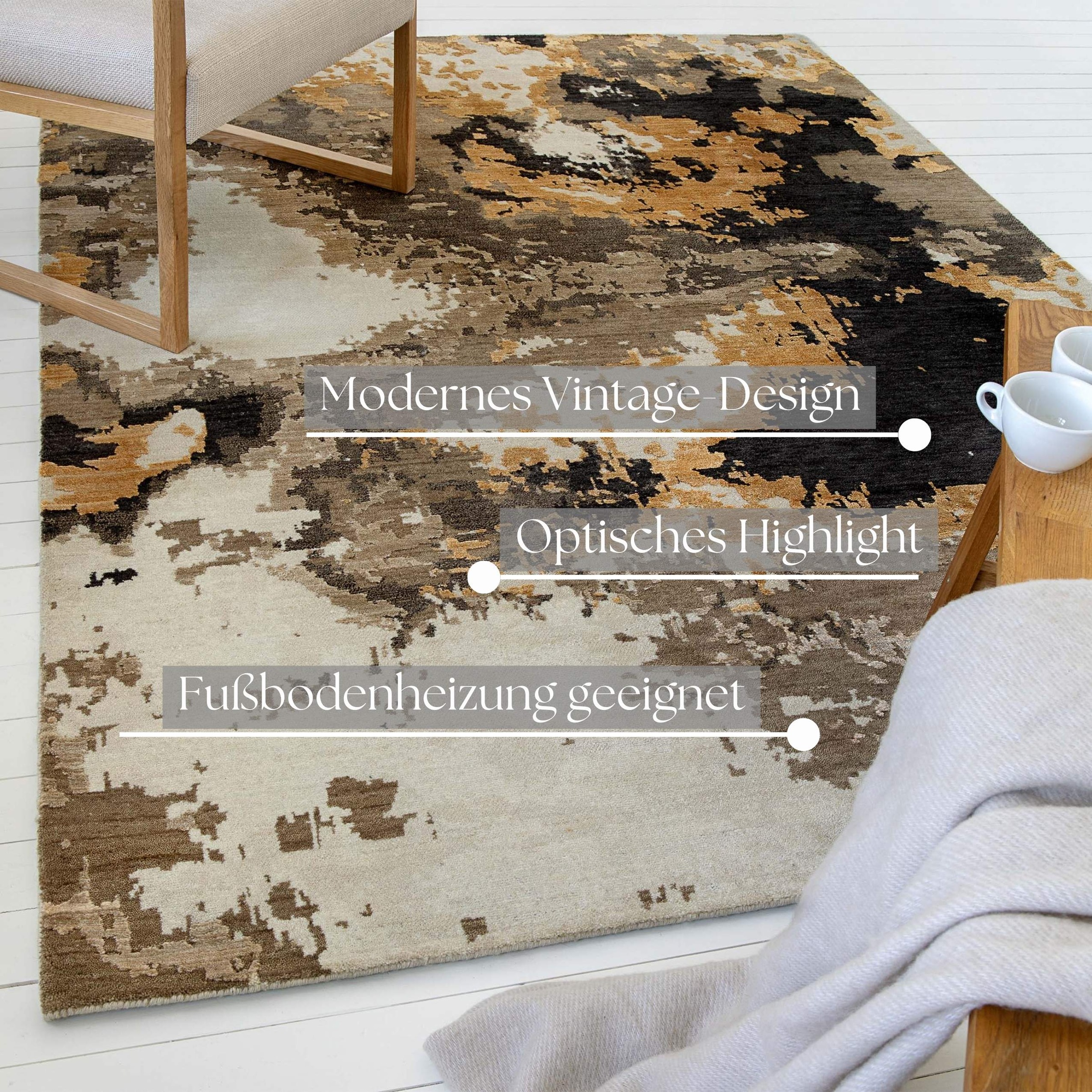 Teppich OTTO HOME "Orin", gold (goldfarben), B:50cm H:6mm L:80cm, Wolle, Teppiche, Teppich, Kurzflor, 80 % Wolle und Viskose, handgewebt, weich, Schlafzimmer 3