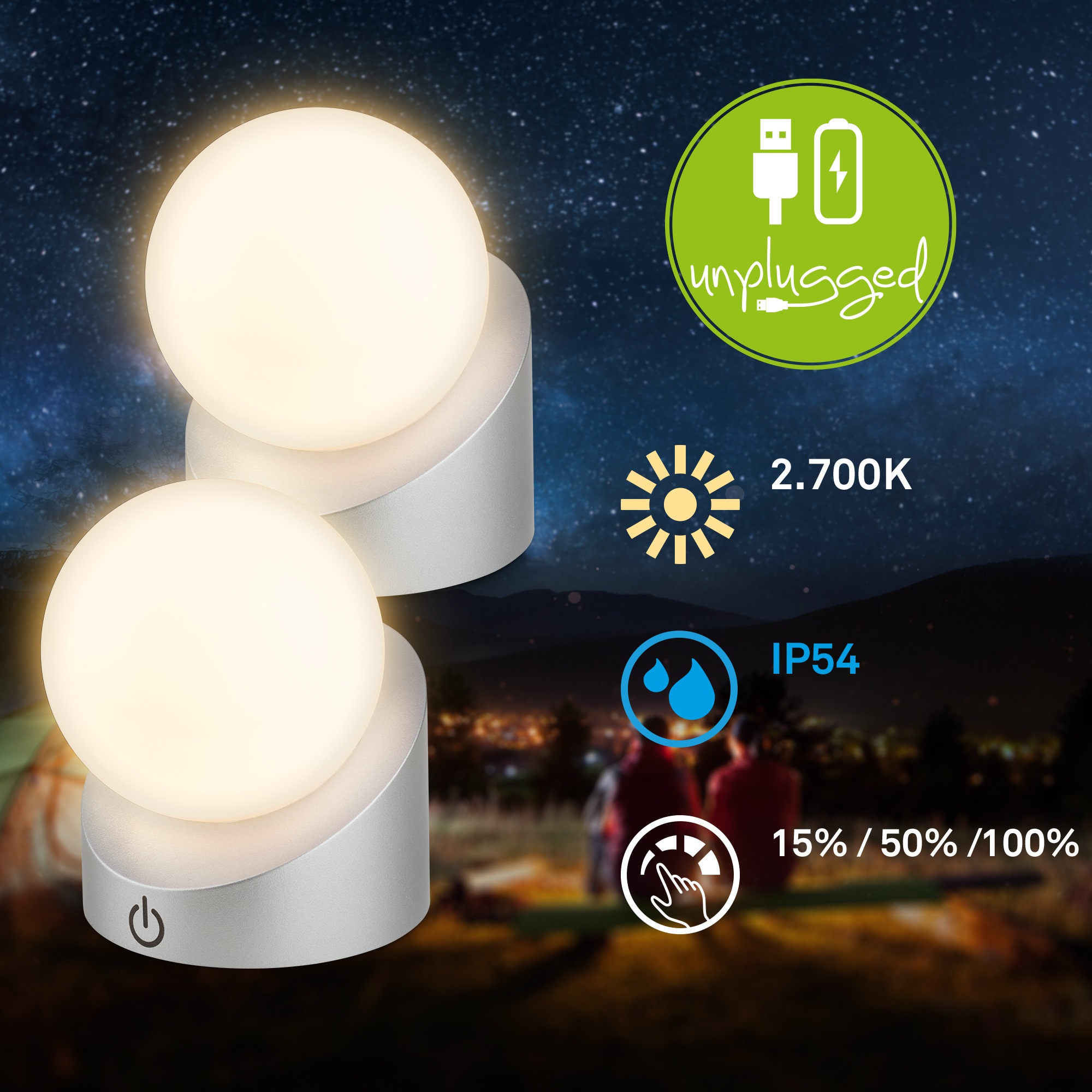 Briloner Leuchten LED Außen-Tischleuchte »SORA« LED-Board 2 Stk. Warmweiß kabellos 10x8x9cm Chrom Matt 2W Kinderzimmer Outdoor Außen 2er-Set