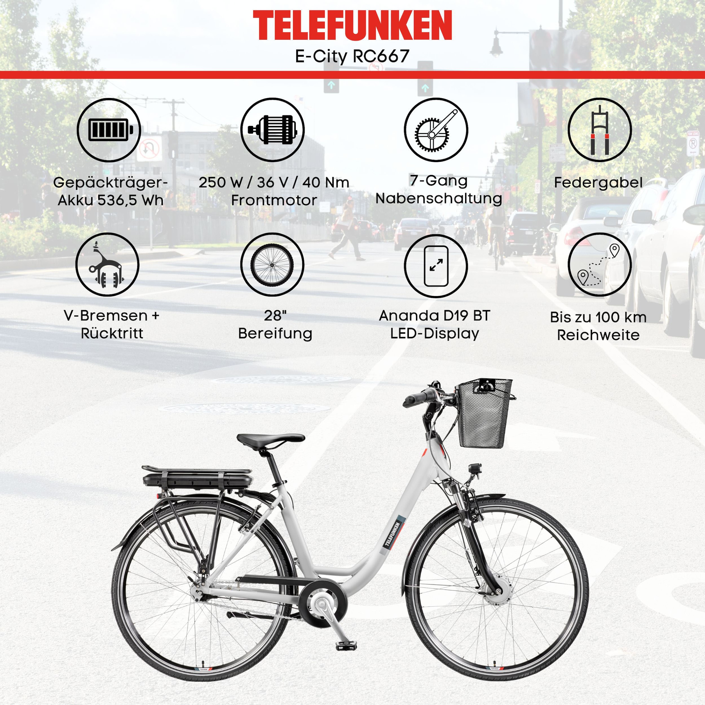 Telefunken E-Bike »Multitalent RC667«, 7 Gang, Shimano, Nexus, Frontmotor 250 W, Pedelec, Elektrofahrrad, Damen, Herren, innerhalb StVZO, 28 Zoll