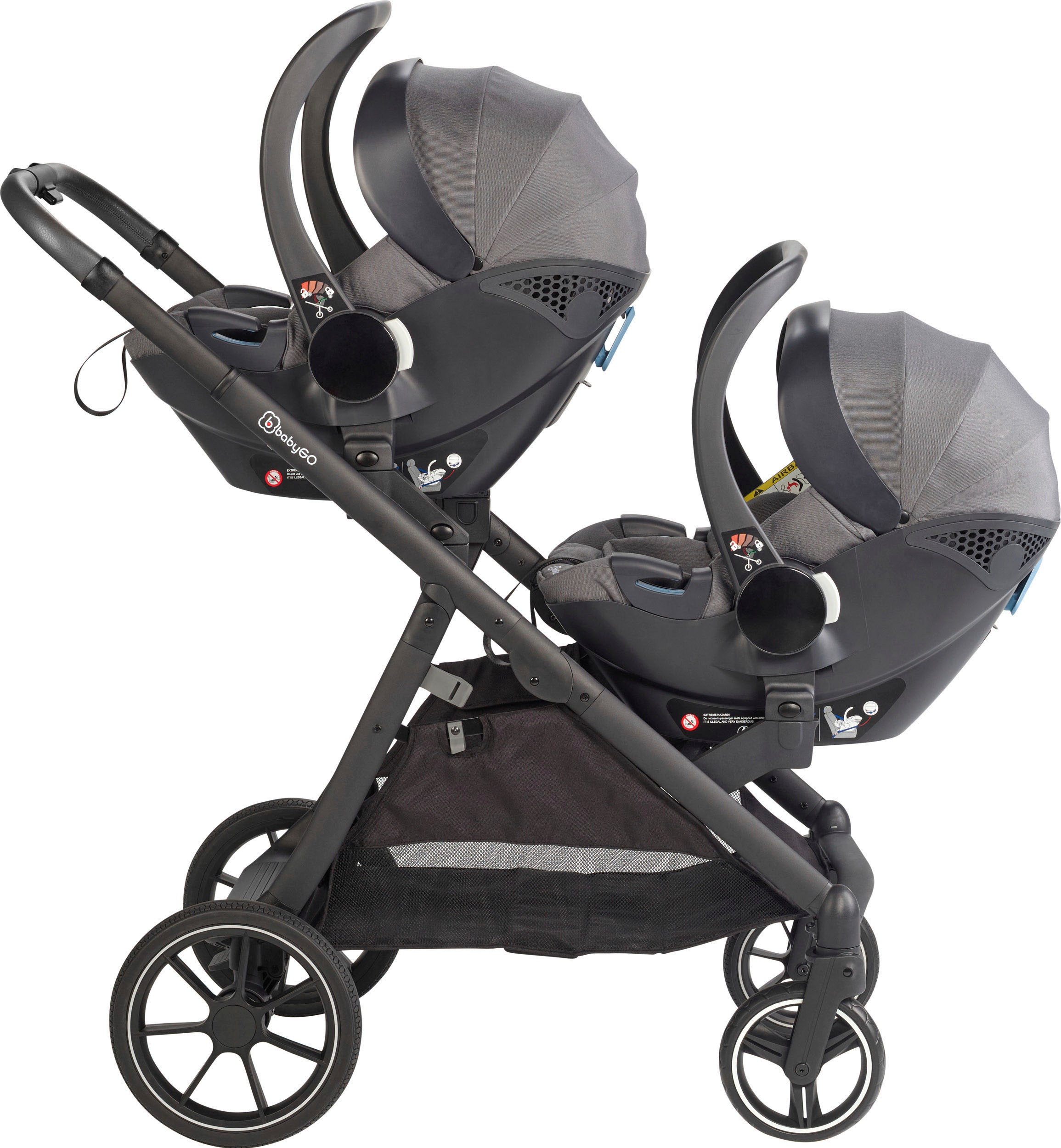 BabyGo Zwillings-Kombikinderwagen »Duo Mega Set, grau«, inkl. 2 Babyschalen mit Adapter, Wickeltasche u. 2 Regenhauben