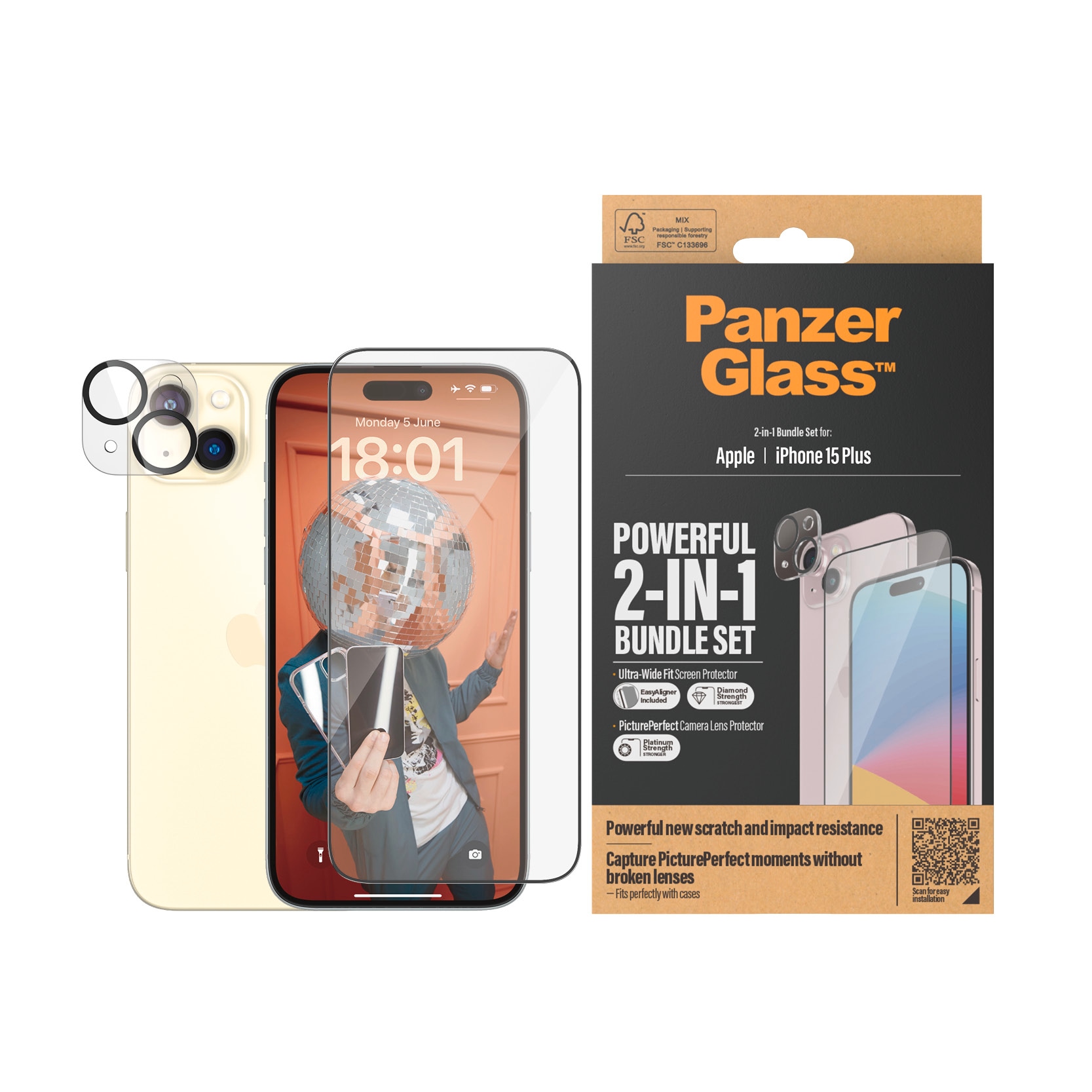 PanzerGlass Displayschutzglas »2-in-1-Pack Screen und Camera Protector«, für iPhone 15 Plus, Ultra Wide Fit