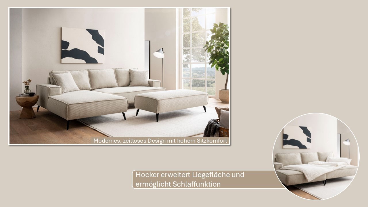 andas Sitzgruppe »TVINNU, Polsterecke mit Hocker, L-Form, Sofa in Cord«, (Set, 2 tlg.), mit aufwendiger Kedernaht, schwarze Füße