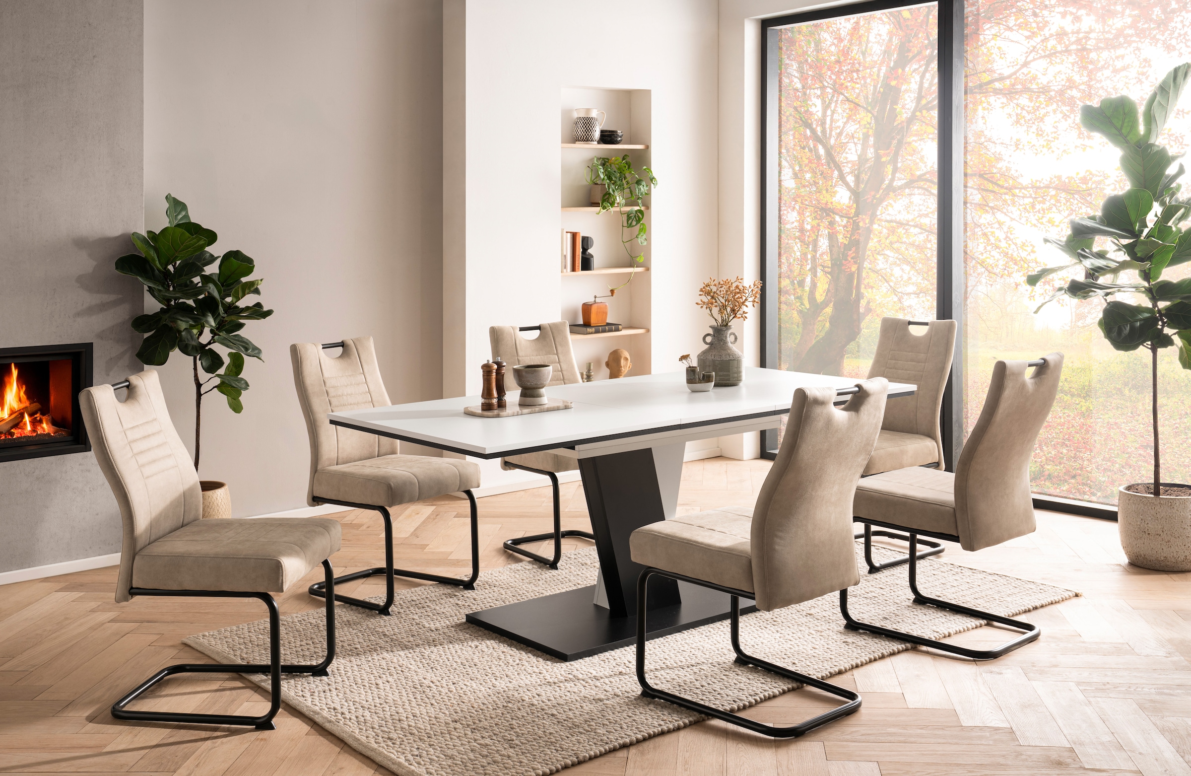 OTTO home Essgruppe ""Altona", Esstisch ausziehbar plus 6 Stühle" Esstisch ausziehbar 140 - 180 cm, 6 Freischwinger, 7 tlg. tlg. Säulentisch 140-180x90 cm, Stuhl mit Federkorb, 140 kg belastbar