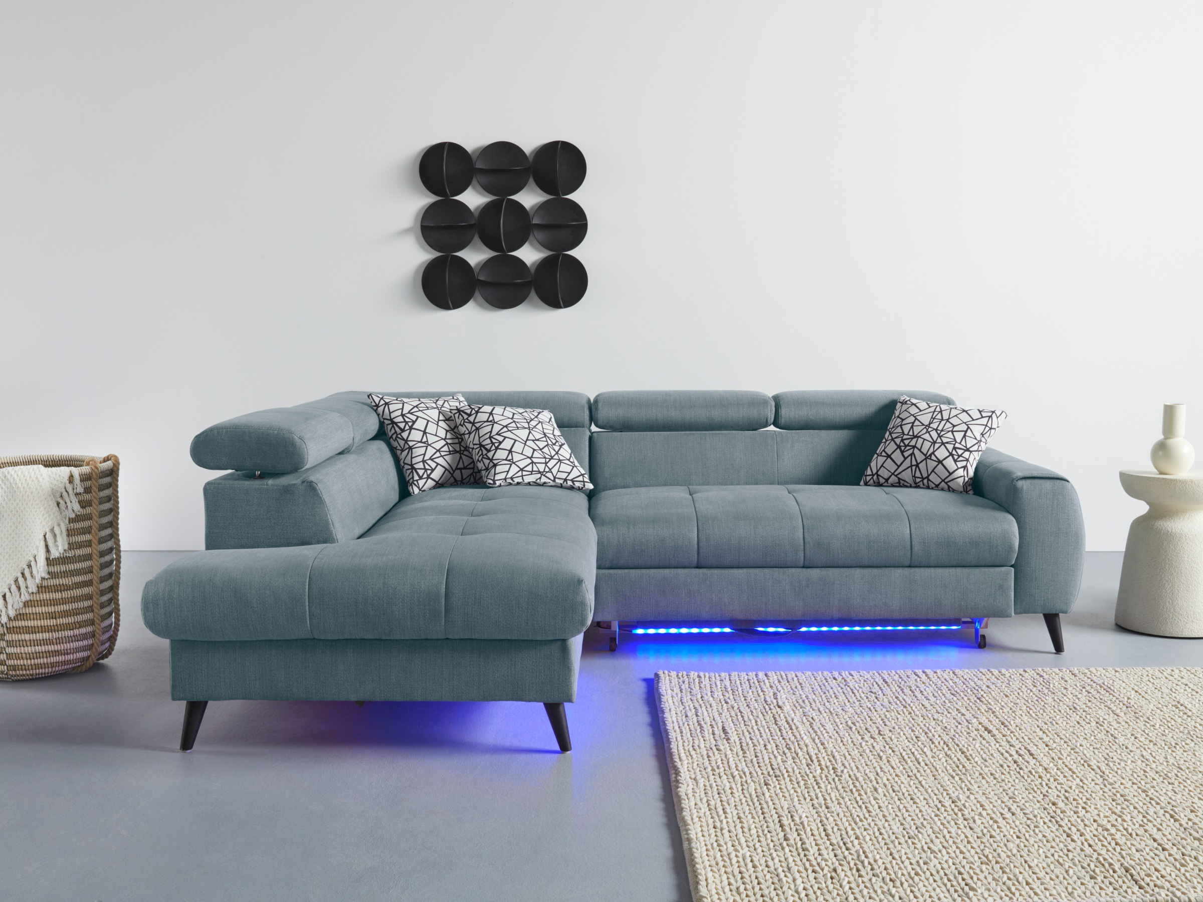 COTTA Ecksofa »Mia L-Form mit 3 Zierkissen«, wahlweise mit Bettfunktion, Bettkasten, Beleuchtung & Wireless-Charger
