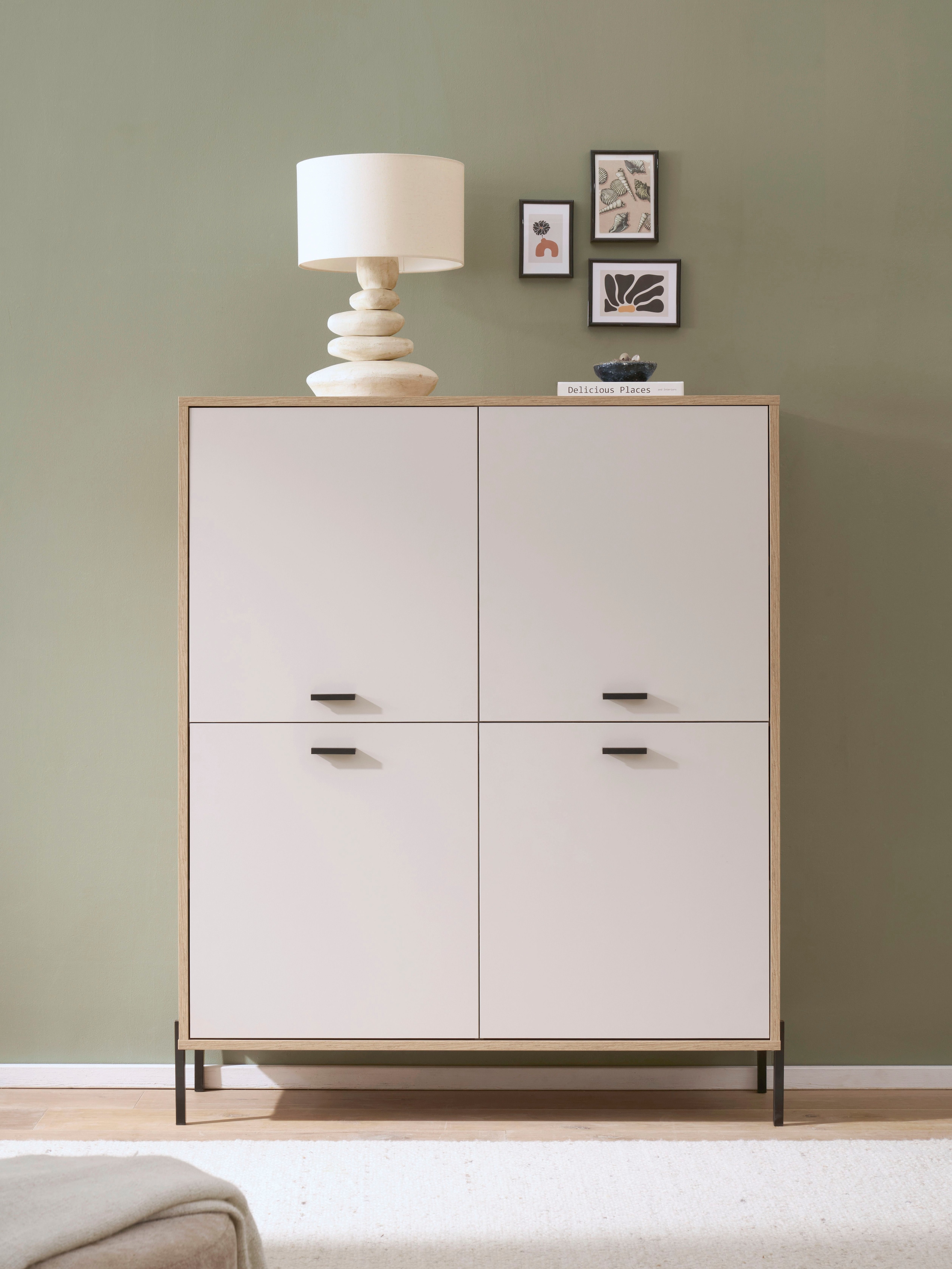 Home affaire Highboard "Fredericia, Hochkommode, modernder Stauraum in Kaschmir" zeitlos, schwarze Metallgriffe und -füße, ausreichend Stauraum