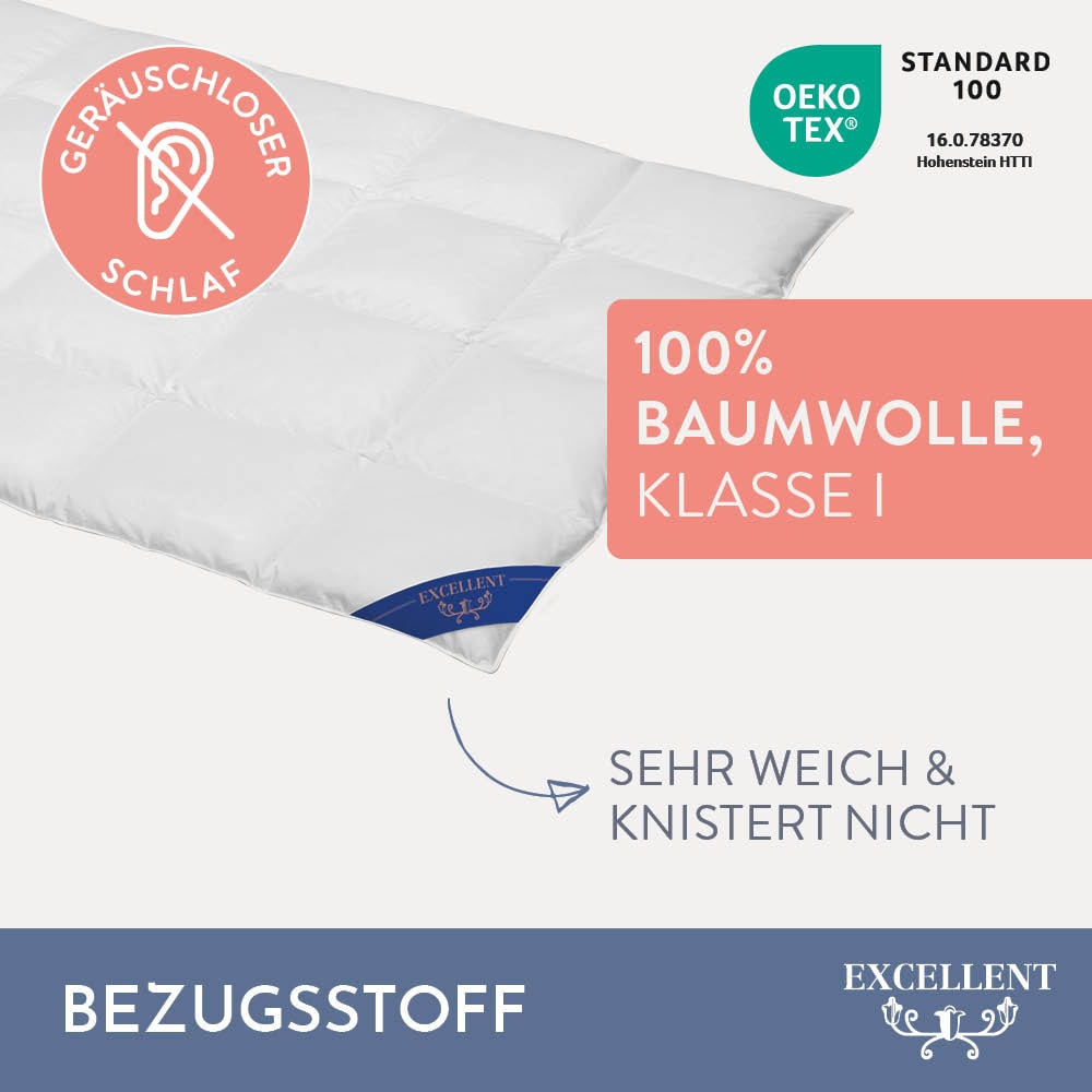 Excellent Daunenbettdecke »Wien, Bettdecken für Sommer und Winter, Decke«, warm, Füllung 90% Daunen, 10% Federn, Bezug 100% Baumwolle, (1 St.), Bettdecke 135x200 cm, made in Germany, allergiker geeignet (Hausstaub)